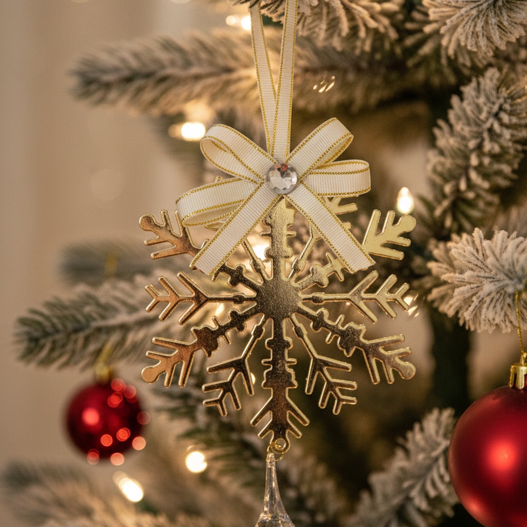 Gold Metal Ornament with Crystal Drop Snowflake, Christmas, Ornament, Holiday Decor- Set of 6