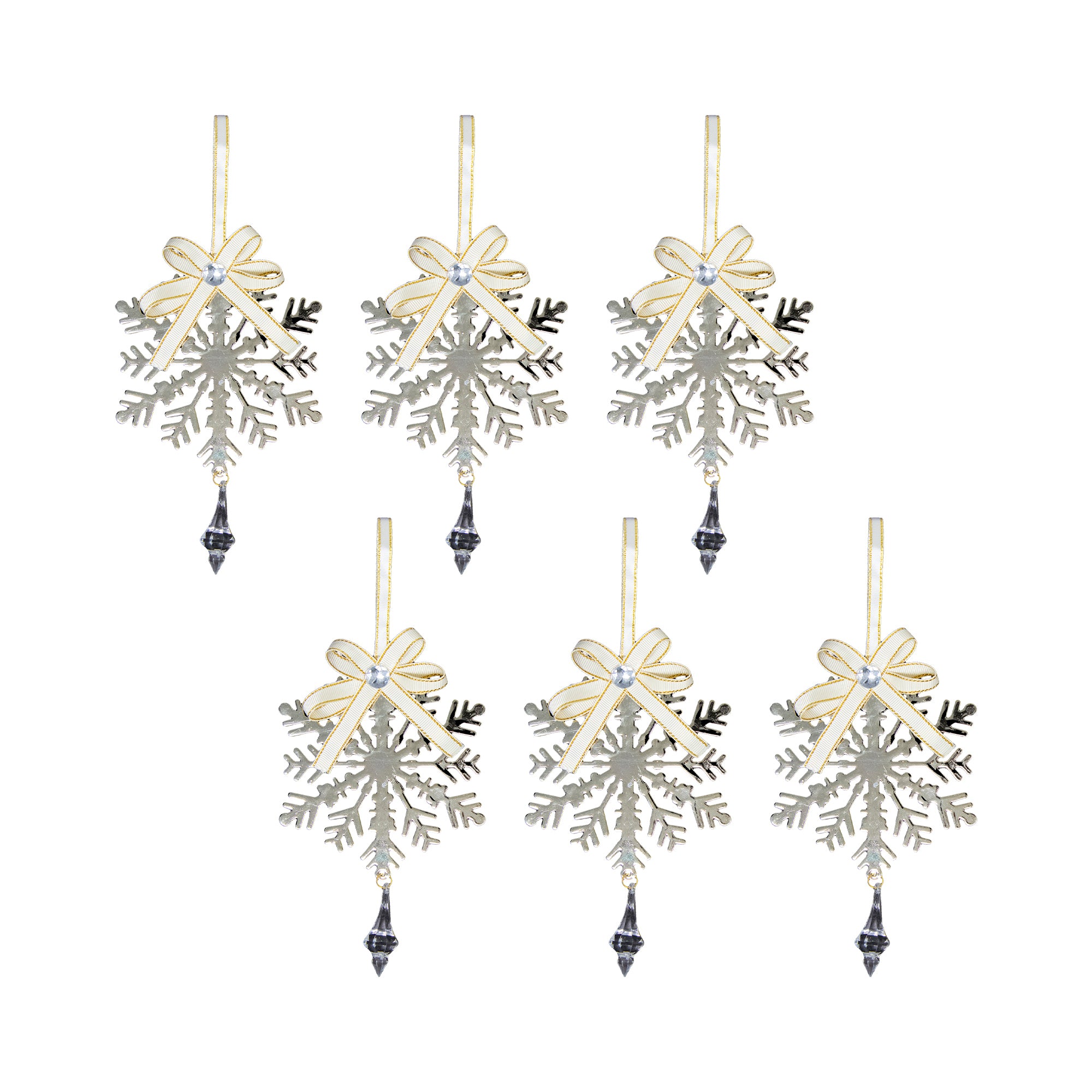 Gold Metal Ornament with Crystal Drop Snowflake, Christmas, Ornament, Holiday Decor- Set of 6