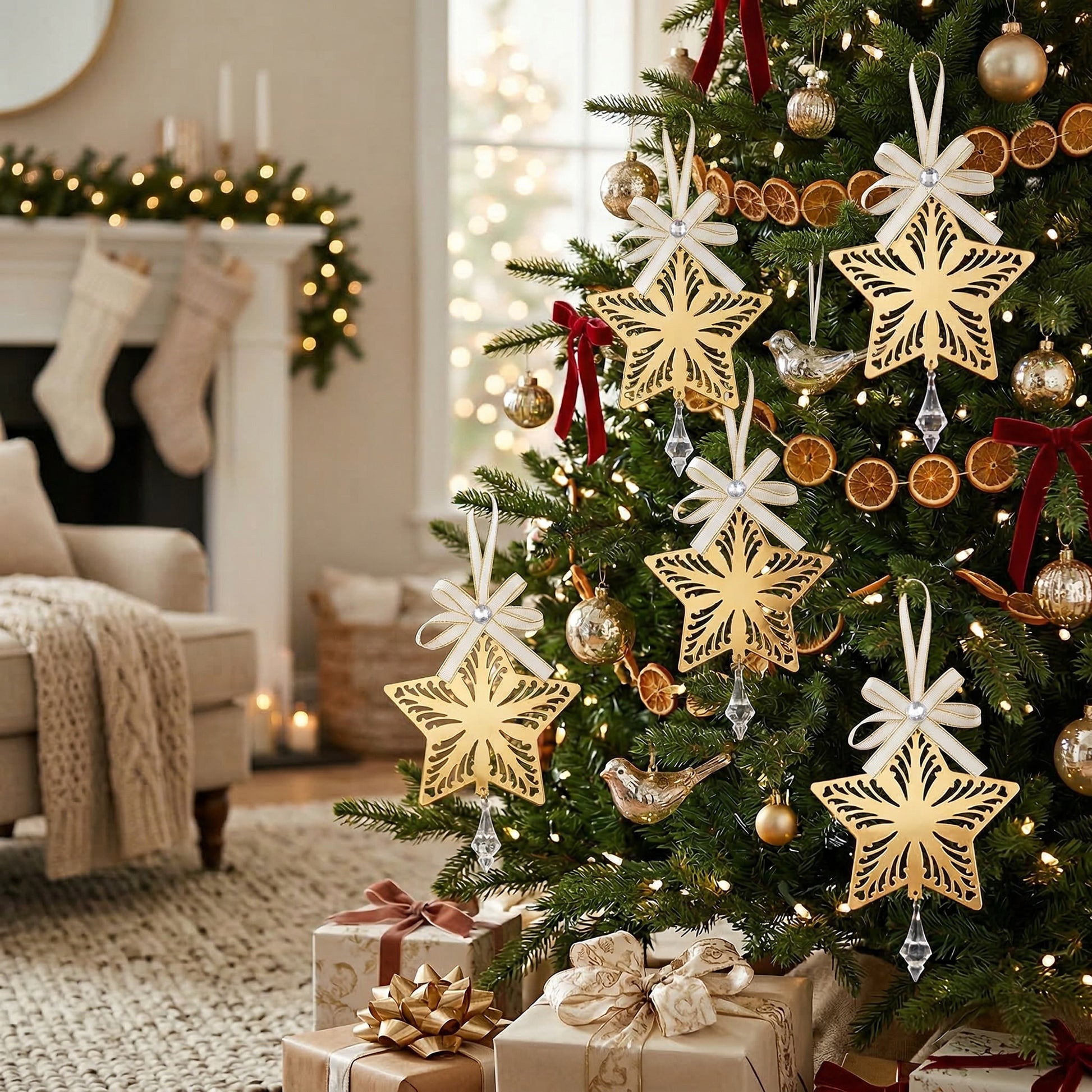 Gold Metal Ornament with Crystal Drop Star, Ornament, Holiday Decor- Set of 6