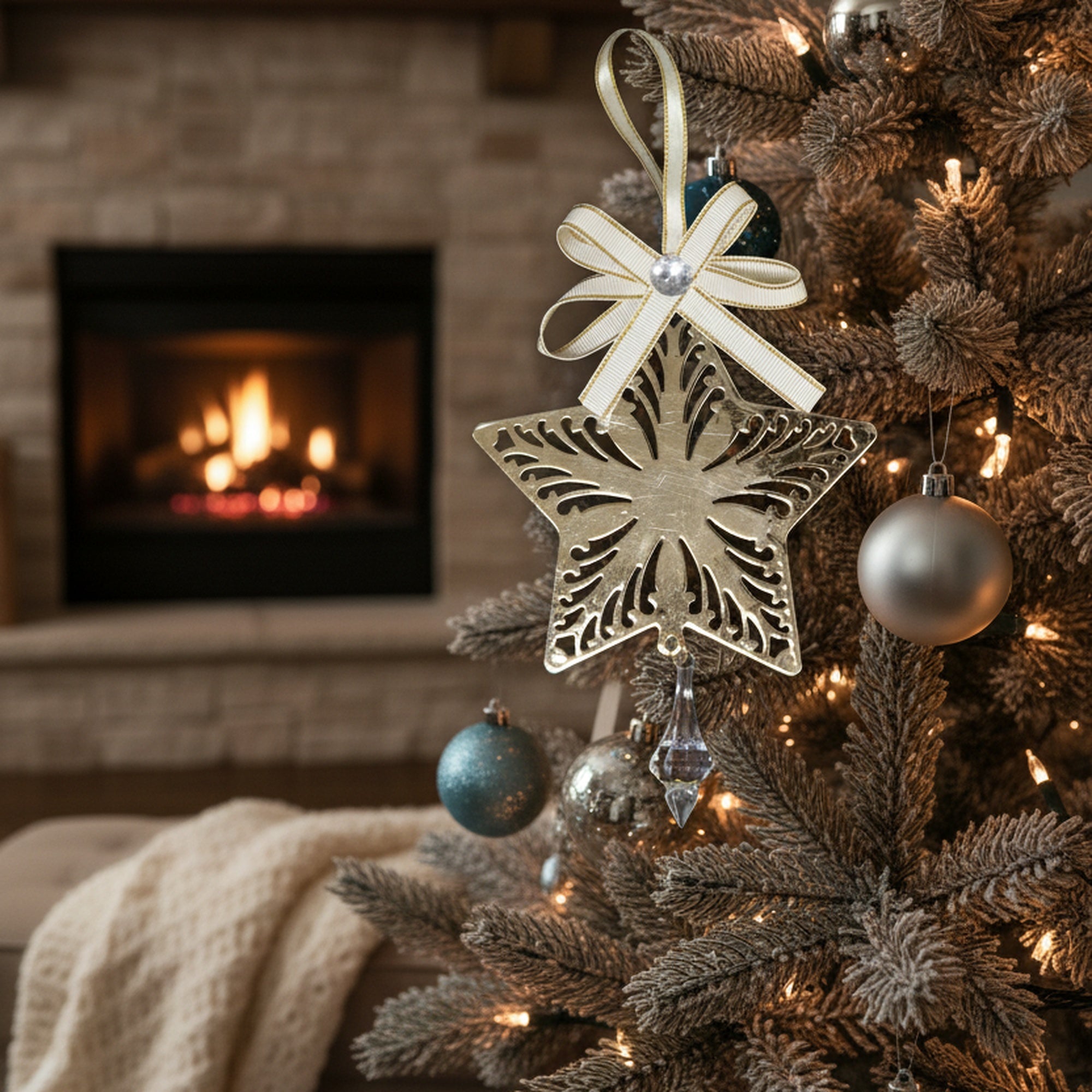 Gold Metal Ornament with Crystal Drop Star, Ornament, Holiday Decor- Set of 6