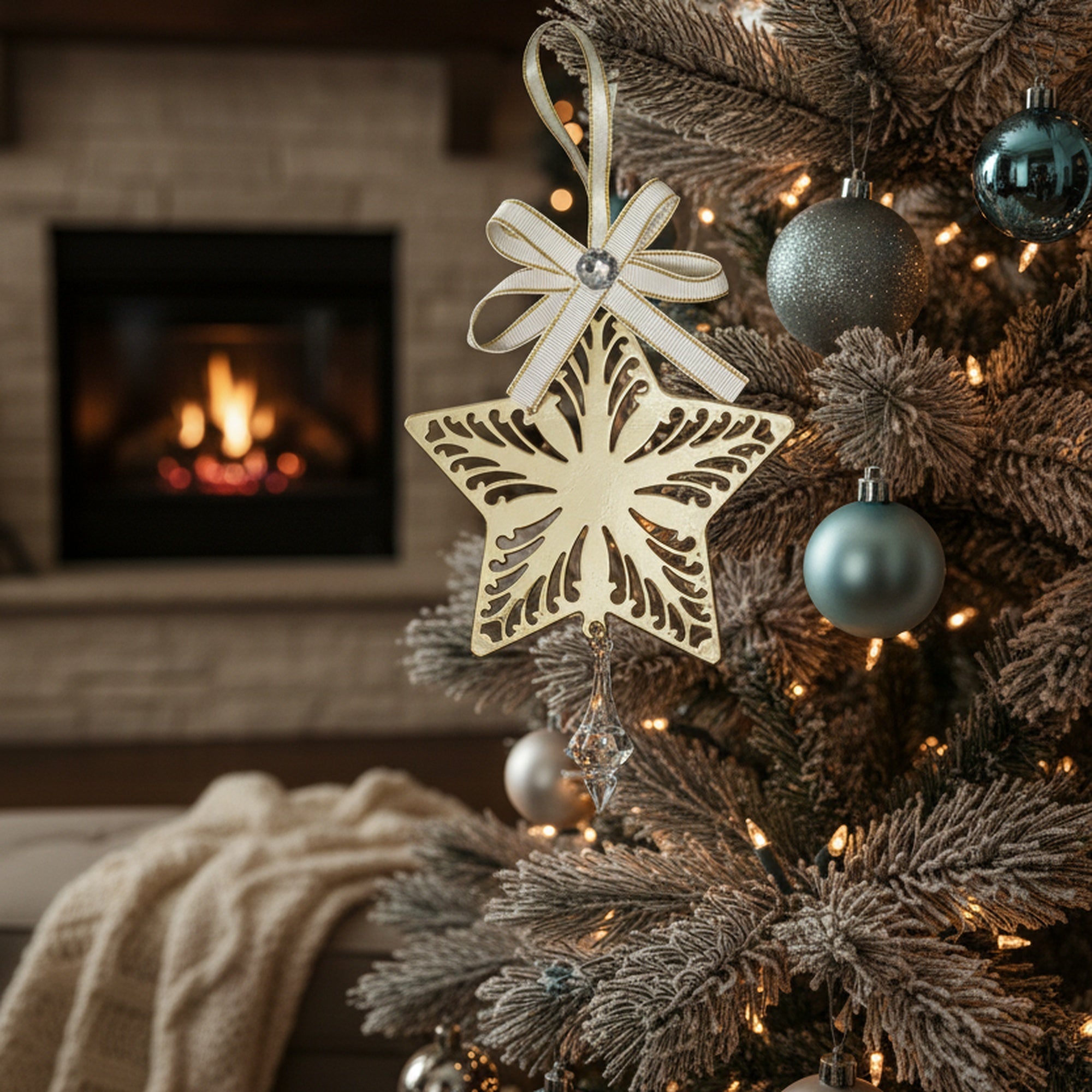 Gold Metal Ornament with Crystal Drop Star, Ornament, Holiday Decor- Set of 6
