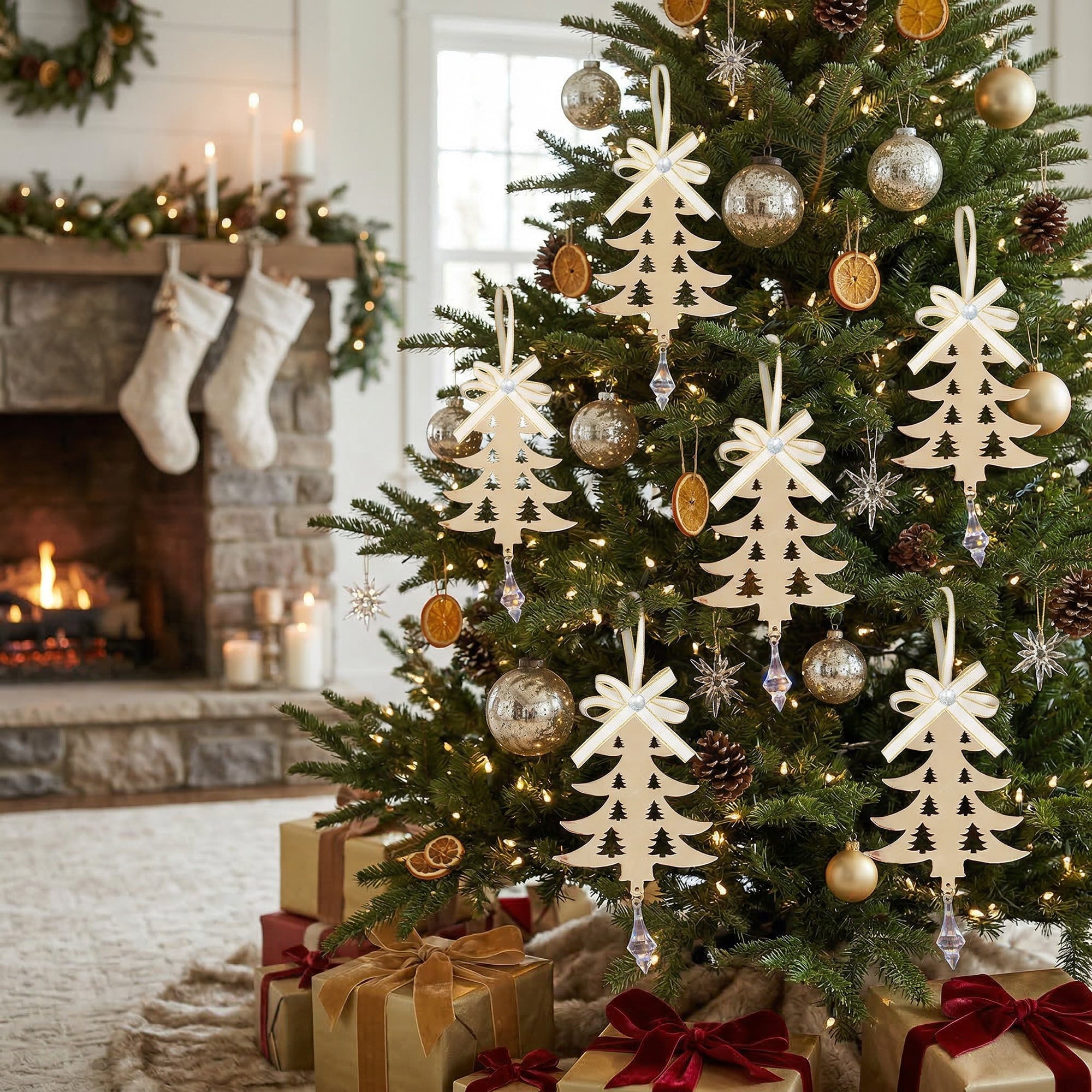 Gold Metal Ornament with Crystal Drop Tree, Ornament, Holiday Decor- Set of 6