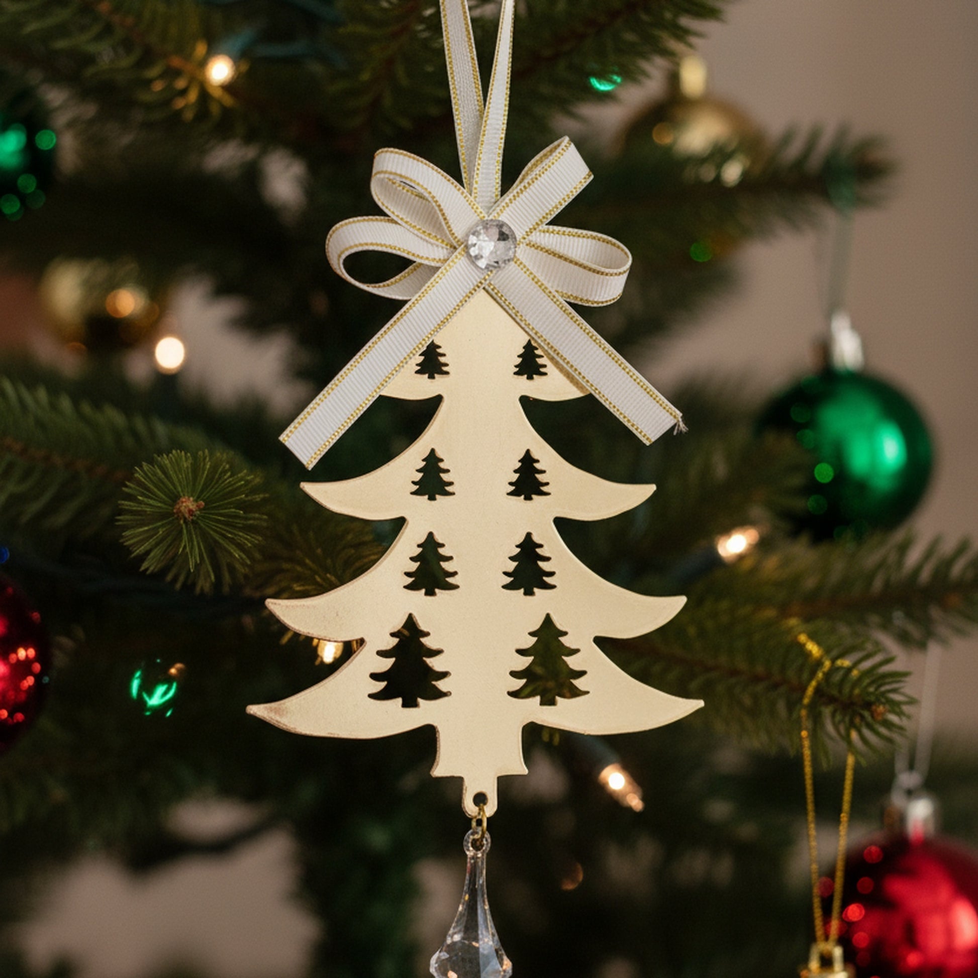 Gold Metal Ornament with Crystal Drop Tree, Ornament, Holiday Decor- Set of 6