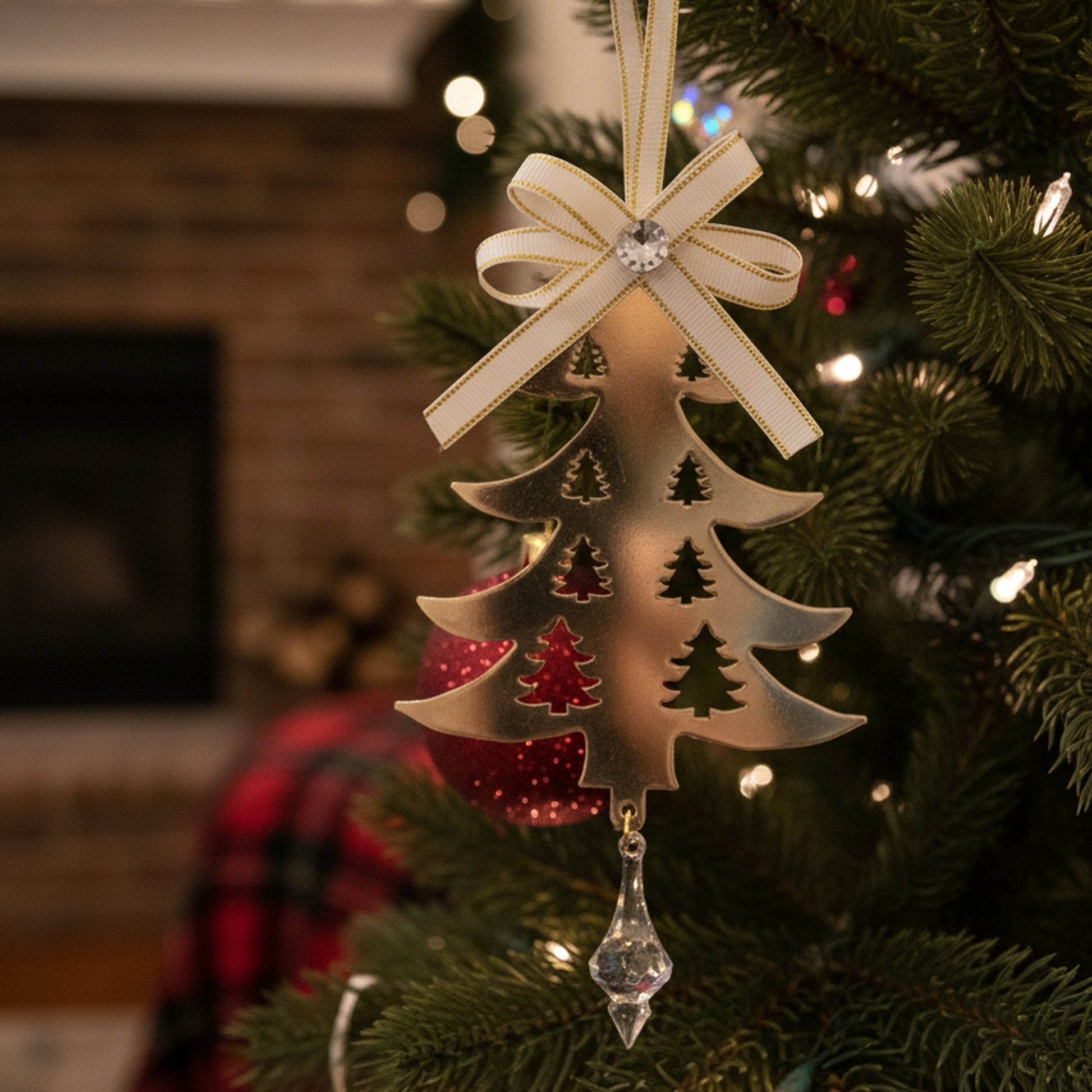 Gold Metal Ornament with Crystal Drop Tree, Ornament, Holiday Decor- Set of 6