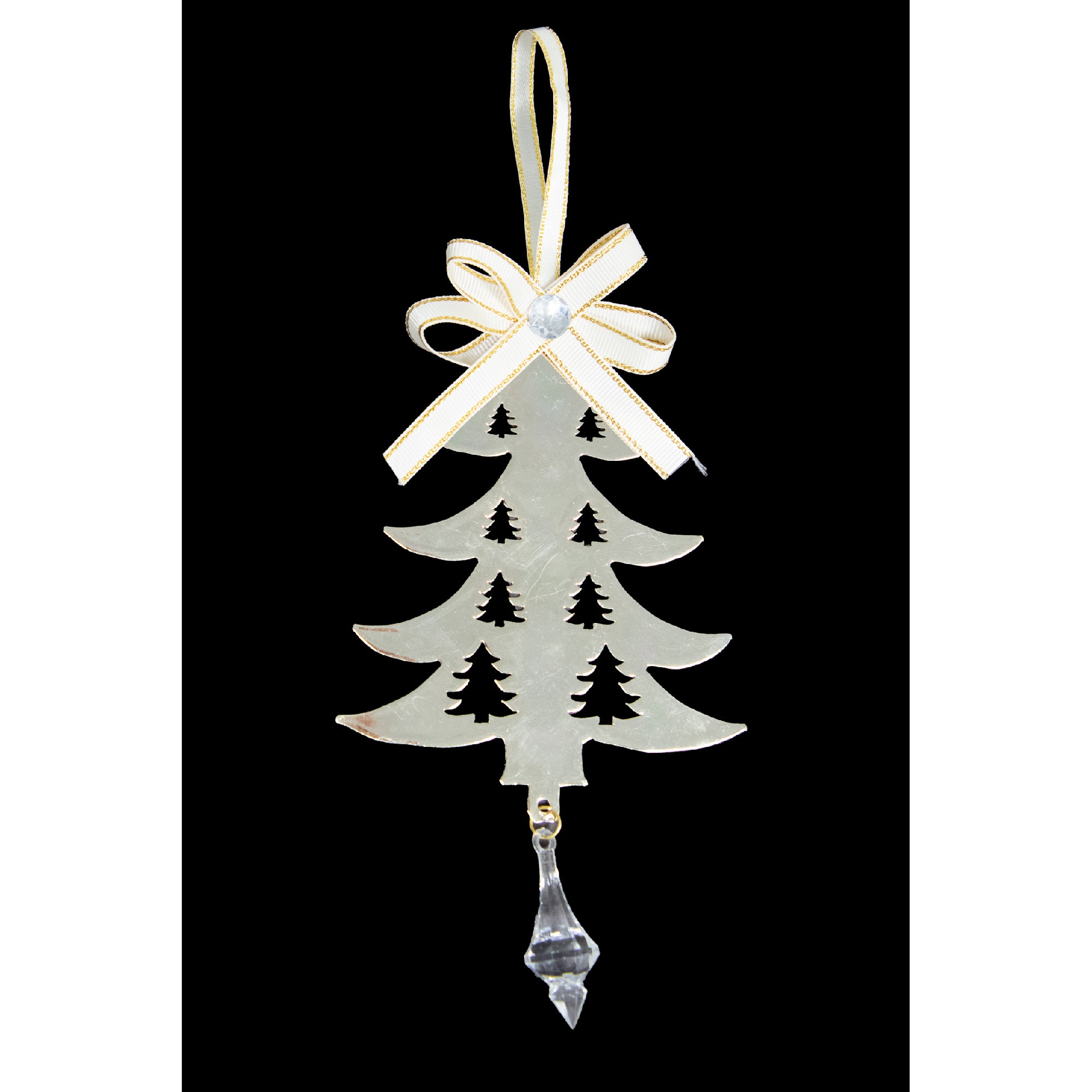 Gold Metal Ornament with Crystal Drop Tree, Ornament, Holiday Decor- Set of 6
