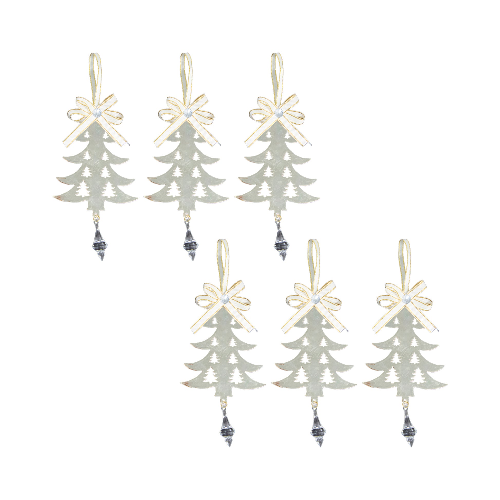 Gold Metal Ornament with Crystal Drop Tree, Ornament, Holiday Decor- Set of 6