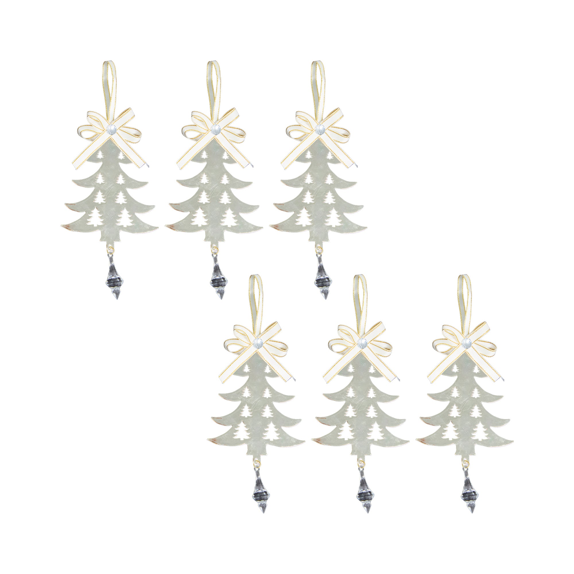 Gold Metal Ornament with Crystal Drop Tree, Ornament, Holiday Decor- Set of 6