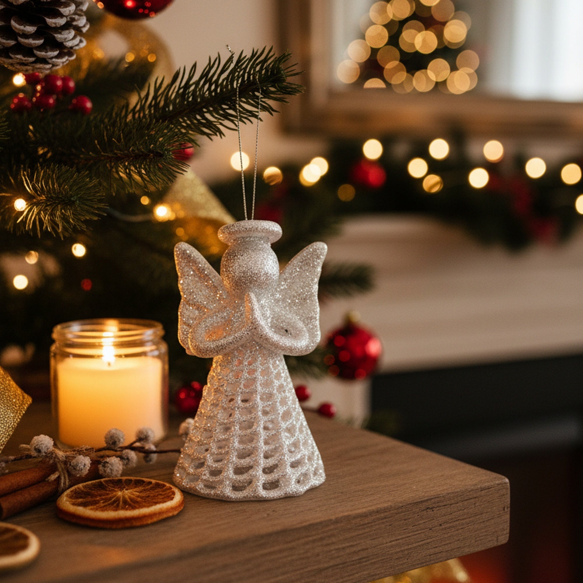 Silver Glitter Ornament Angel, Ornament, Holiday Decor- Set of 6