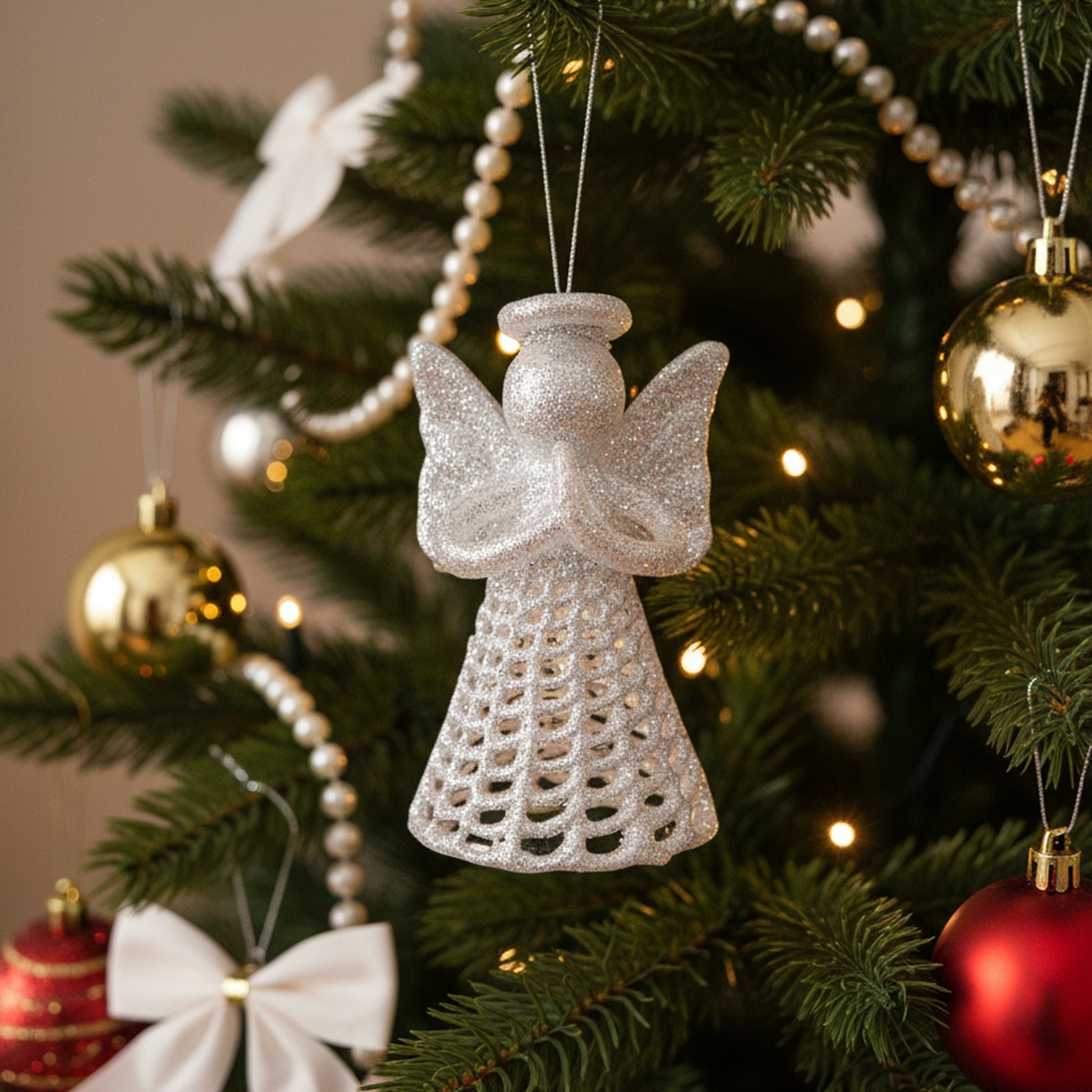 Silver Glitter Ornament Angel, Ornament, Holiday Decor- Set of 6