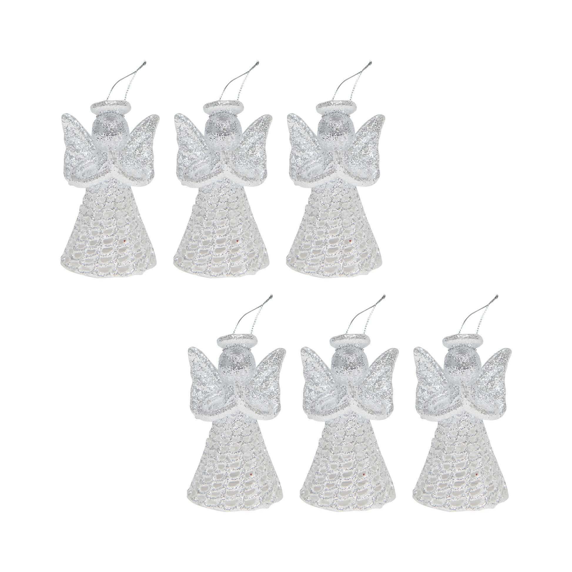 Silver Glitter Ornament Angel, Ornament, Holiday Decor- Set of 6