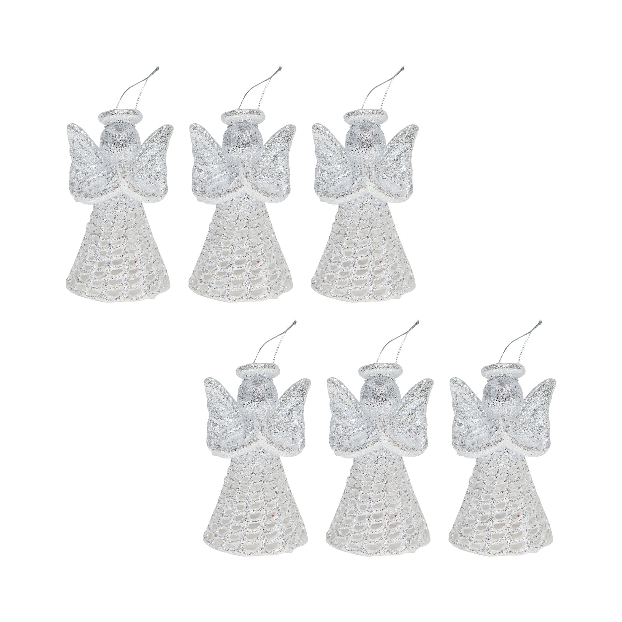 Silver Glitter Ornament Angel, Ornament, Holiday Decor- Set of 6