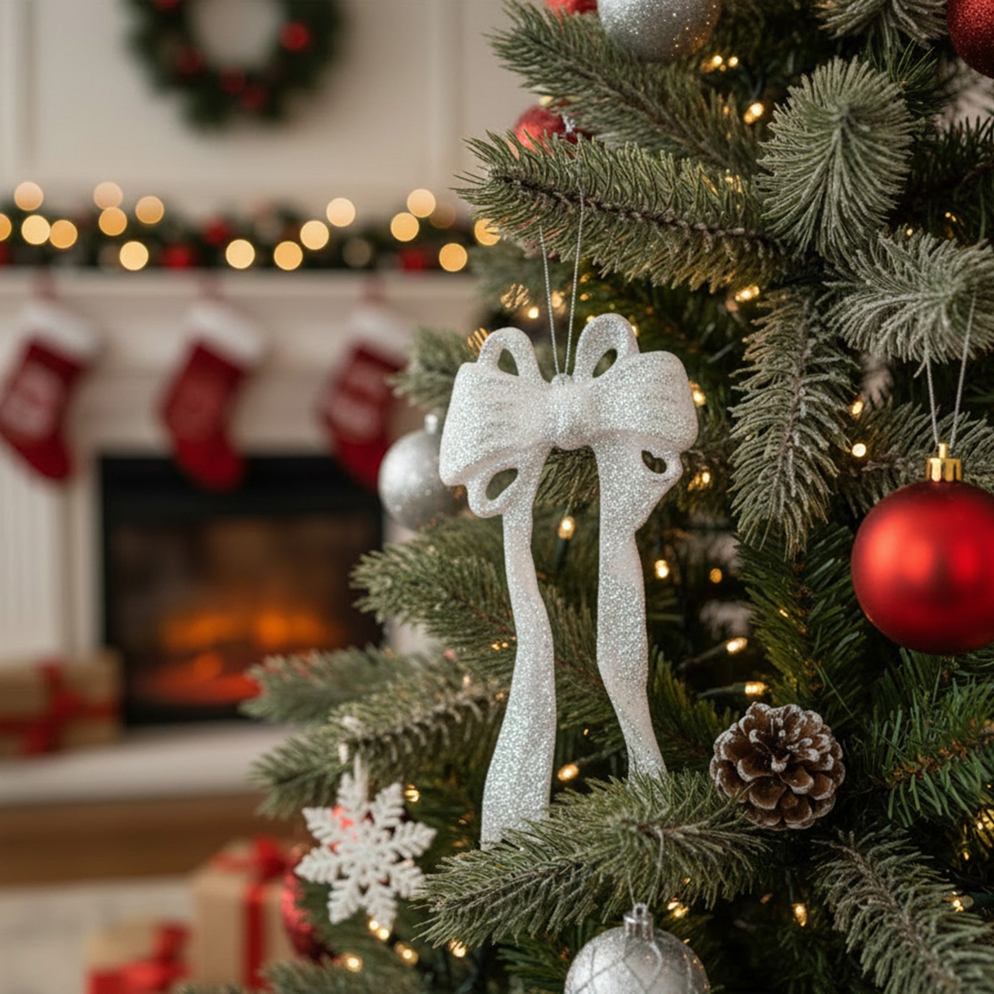 Silver Glitter Ornament Bow, Ornament, Holiday Decor- Set of 6