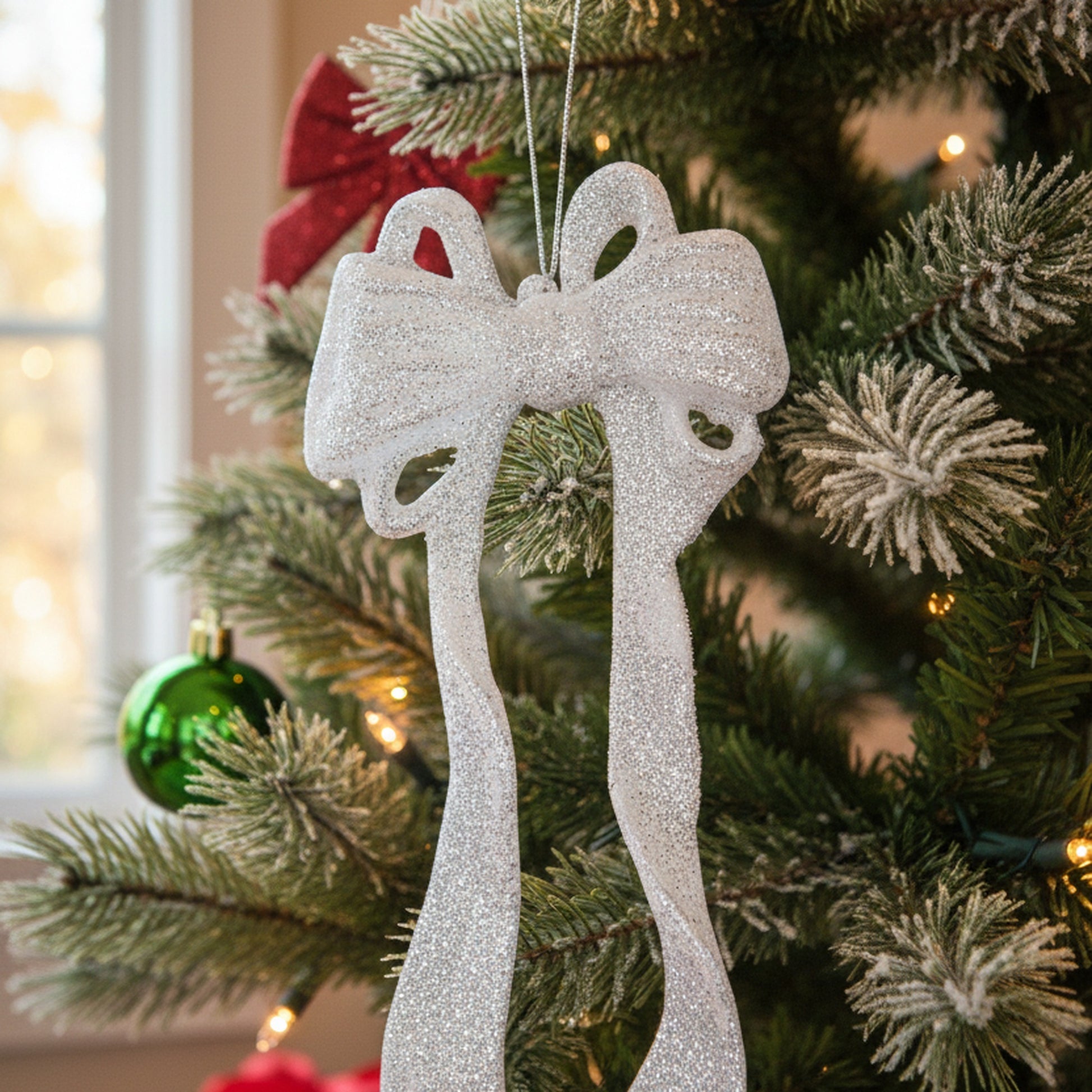 Silver Glitter Ornament Bow, Ornament, Holiday Decor- Set of 6