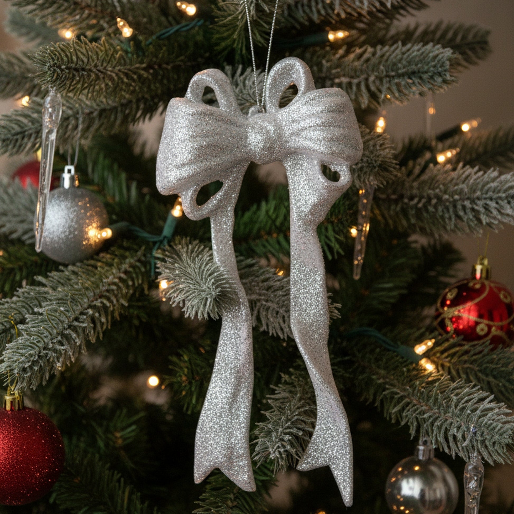 Silver Glitter Ornament Bow, Ornament, Holiday Decor- Set of 6