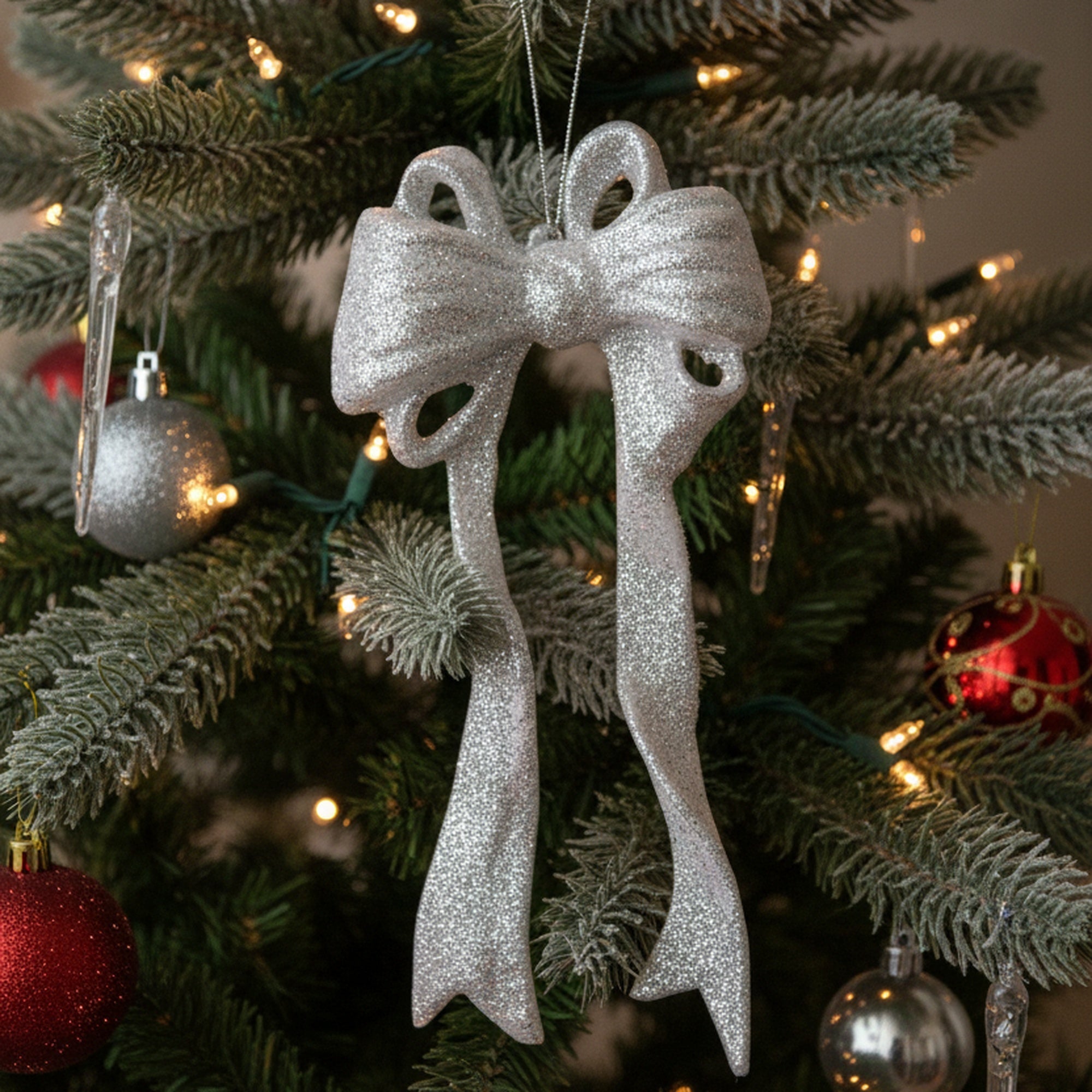Silver Glitter Ornament Bow, Ornament, Holiday Decor- Set of 6