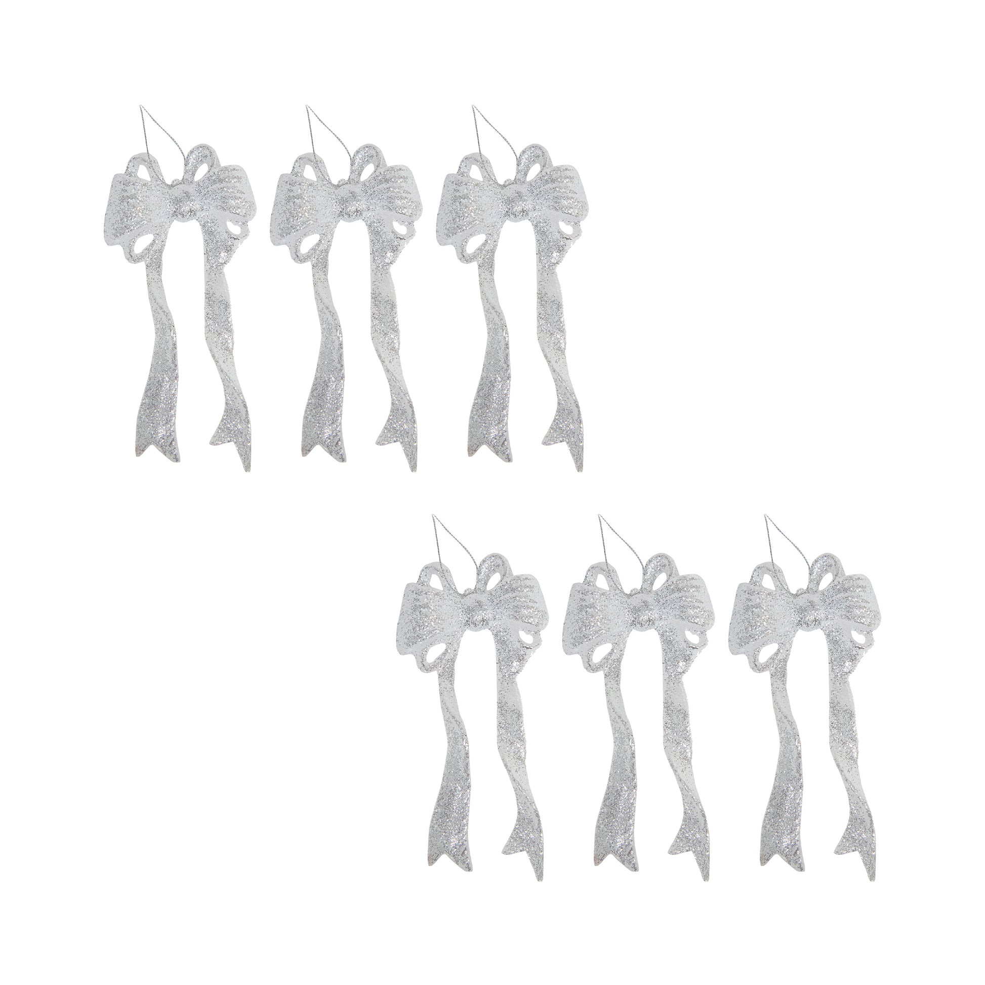 Silver Glitter Ornament Bow, Ornament, Holiday Decor- Set of 6