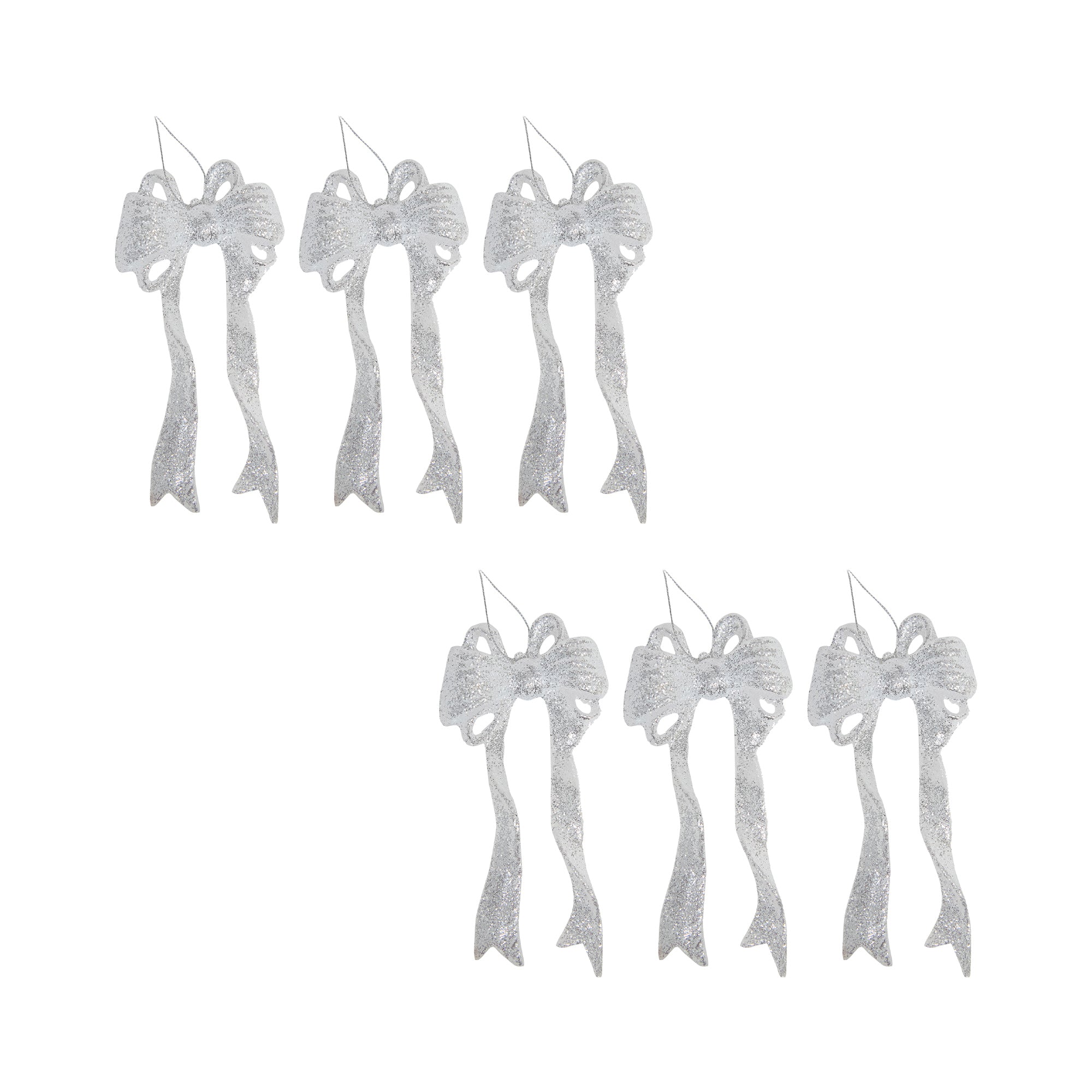 Silver Glitter Ornament Bow, Ornament, Holiday Decor- Set of 6