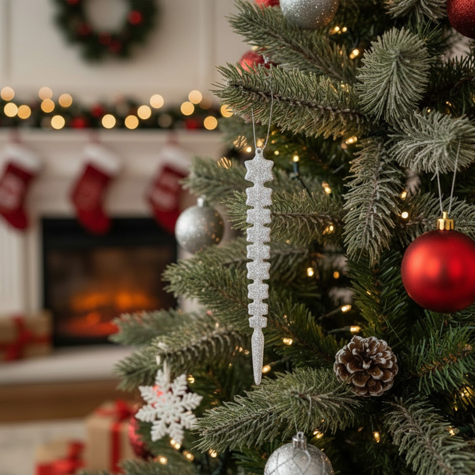 Silver Glitter Ornament Icicle, Ornament, Holiday Decor- Set of 6