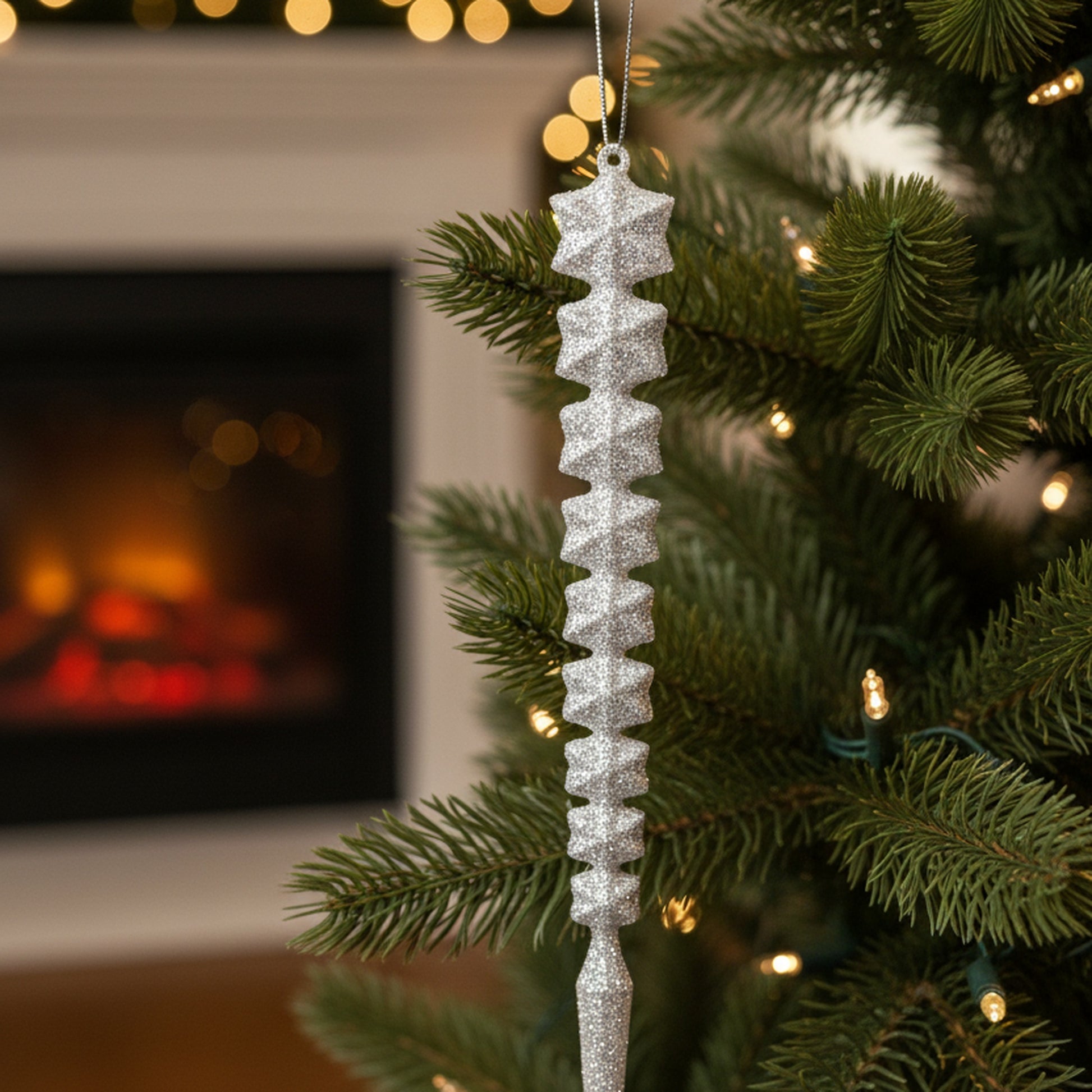 Silver Glitter Ornament Icicle, Ornament, Holiday Decor- Set of 6