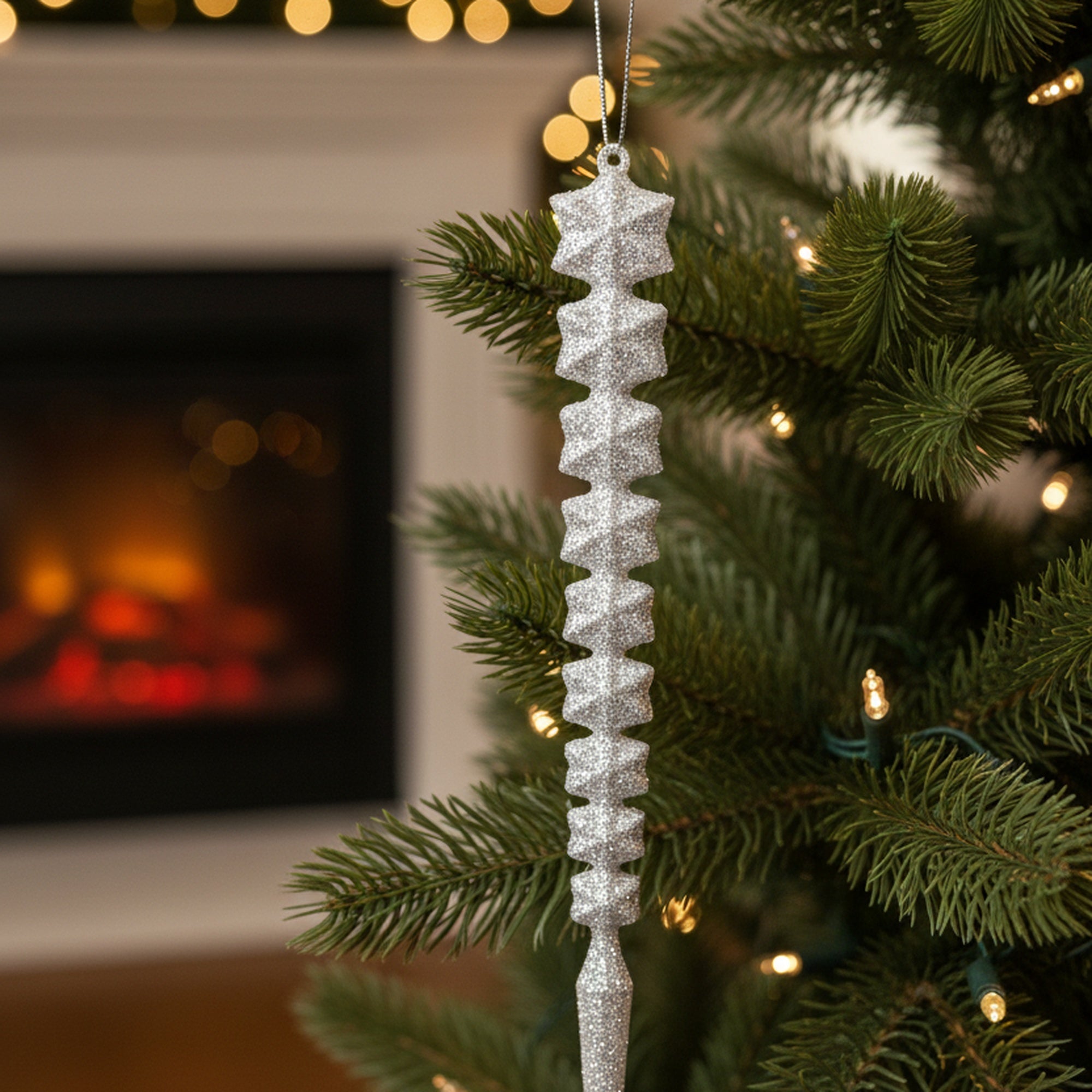 Silver Glitter Ornament Icicle, Ornament, Holiday Decor- Set of 6