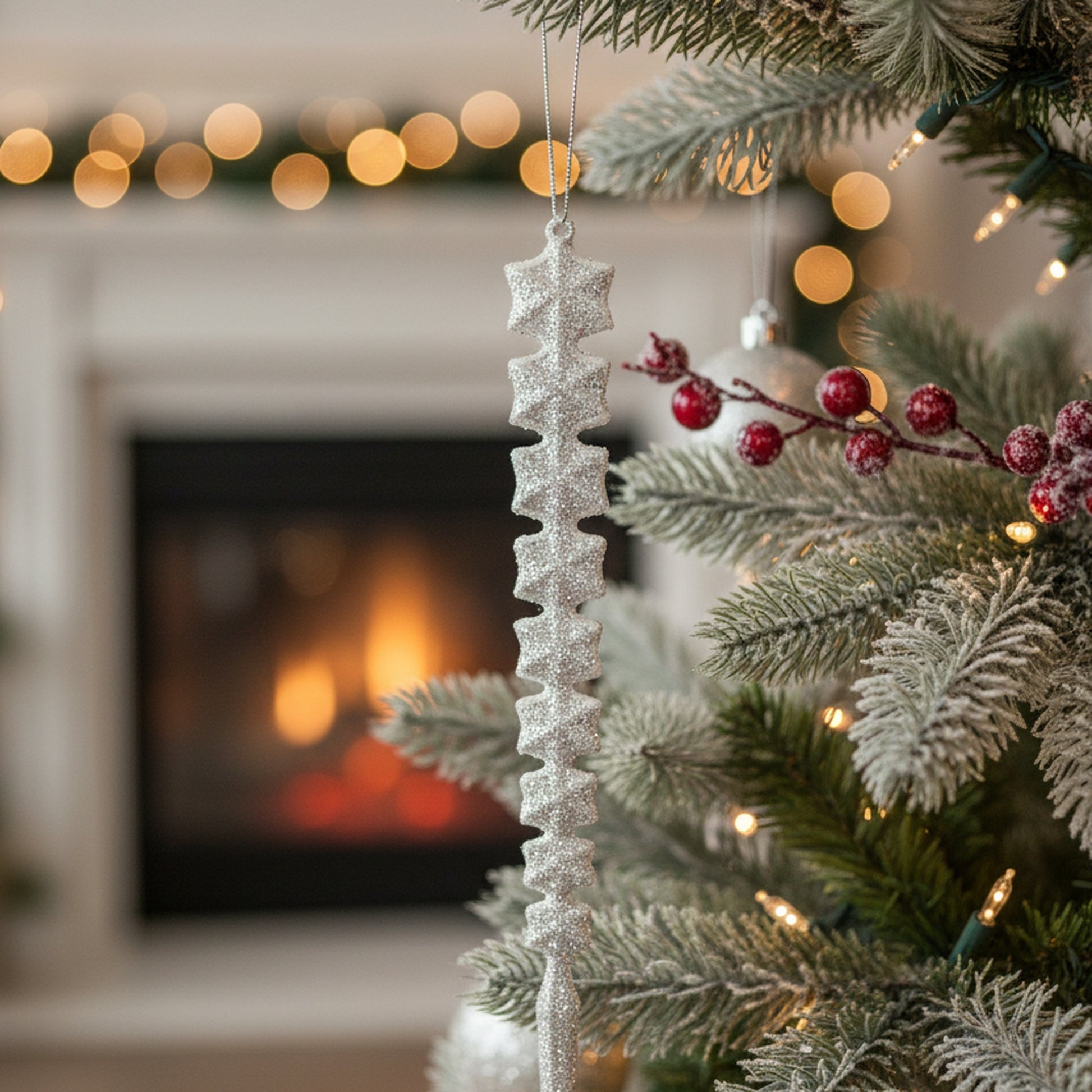 Silver Glitter Ornament Icicle, Ornament, Holiday Decor- Set of 6