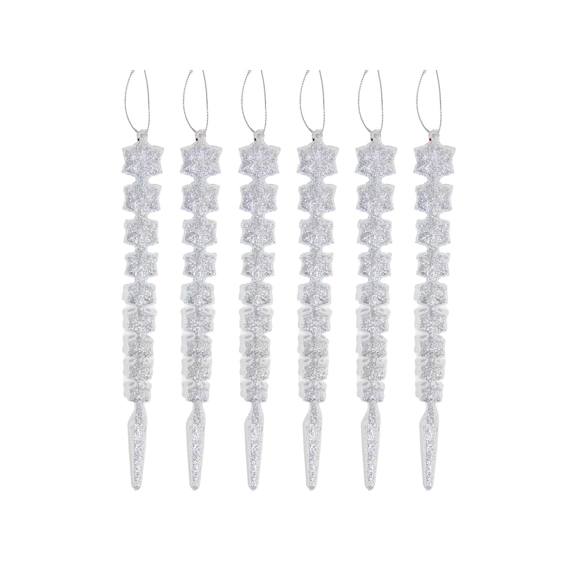 Silver Glitter Ornament Icicle, Ornament, Holiday Decor- Set of 6
