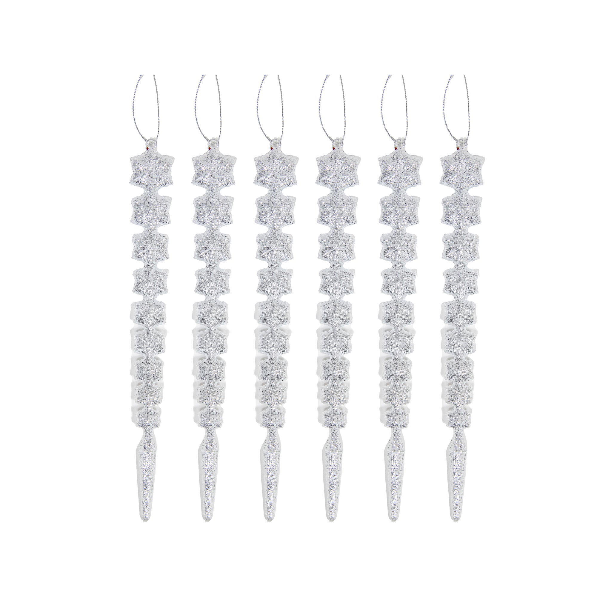 Silver Glitter Ornament Icicle, Ornament, Holiday Decor- Set of 6