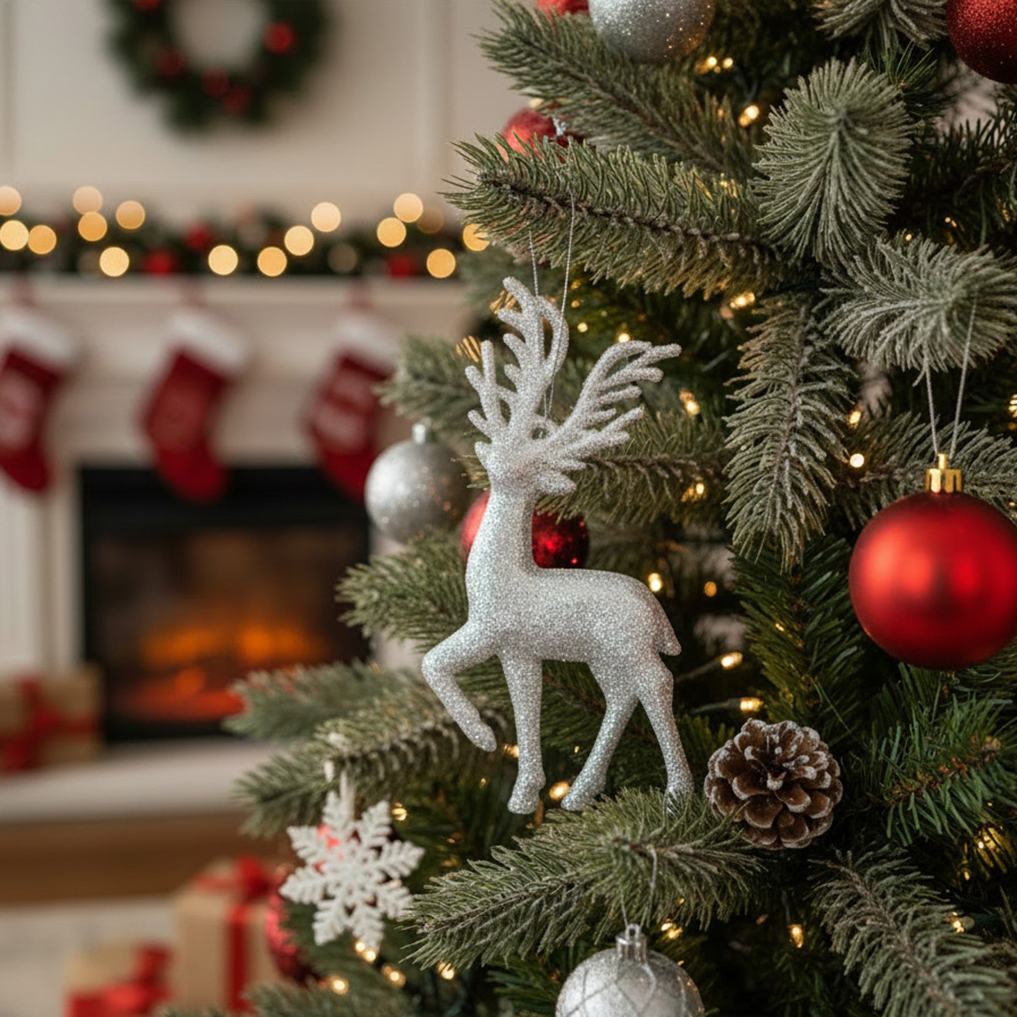 Silver Glitter Ornament Reindeer, Christmas, Ornament, Holiday Decor- Set of 6