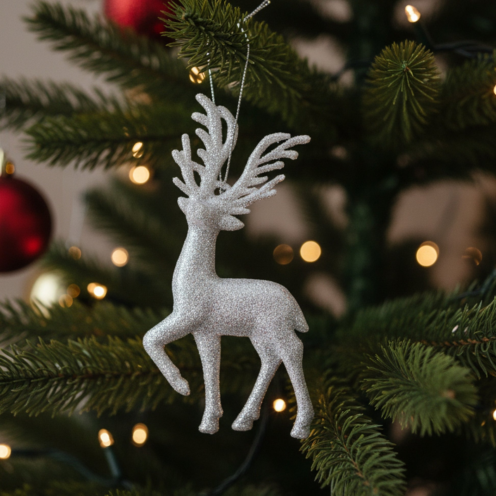 Silver Glitter Ornament Reindeer, Christmas, Ornament, Holiday Decor- Set of 6
