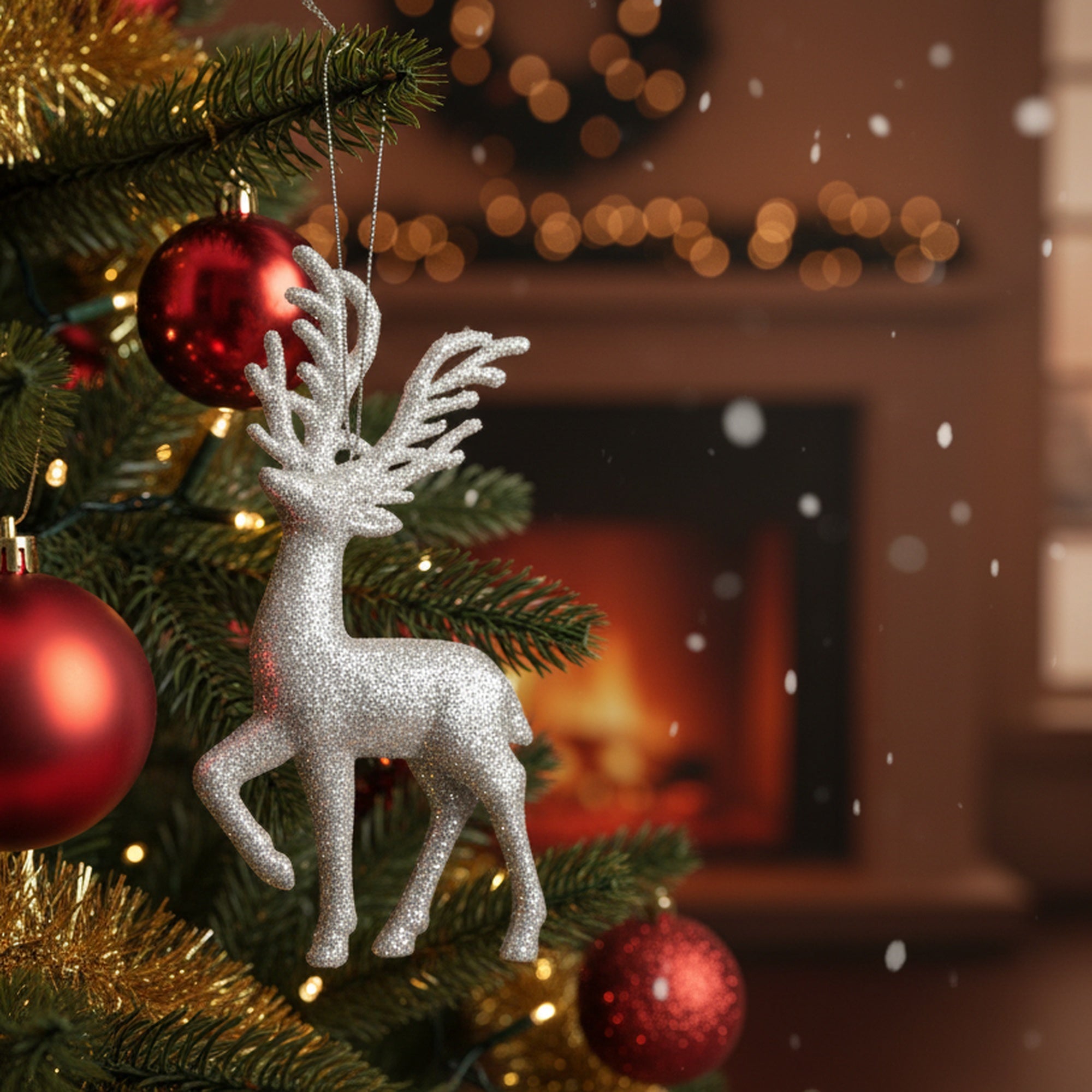 Silver Glitter Ornament Reindeer, Christmas, Ornament, Holiday Decor- Set of 6