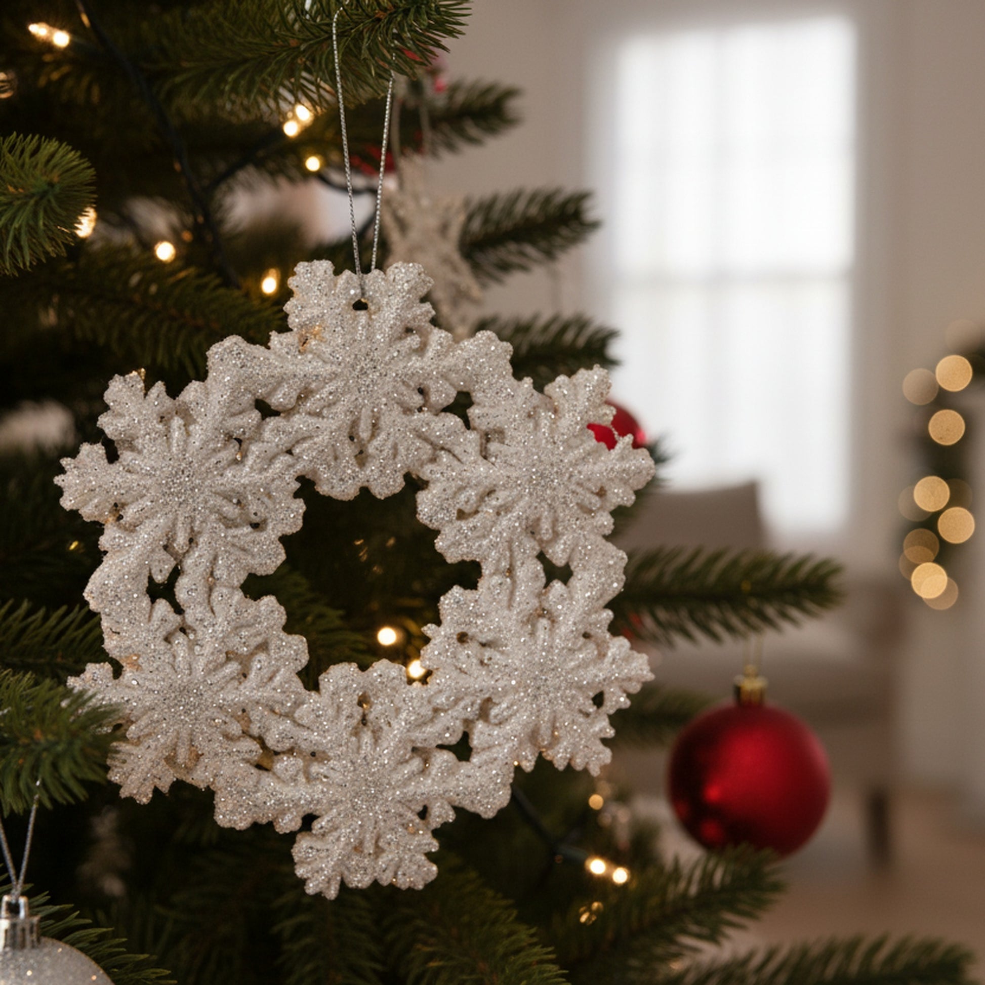 Silver Glitter Ornament Wreath, Wreath, Holiday Decor- Set of 6