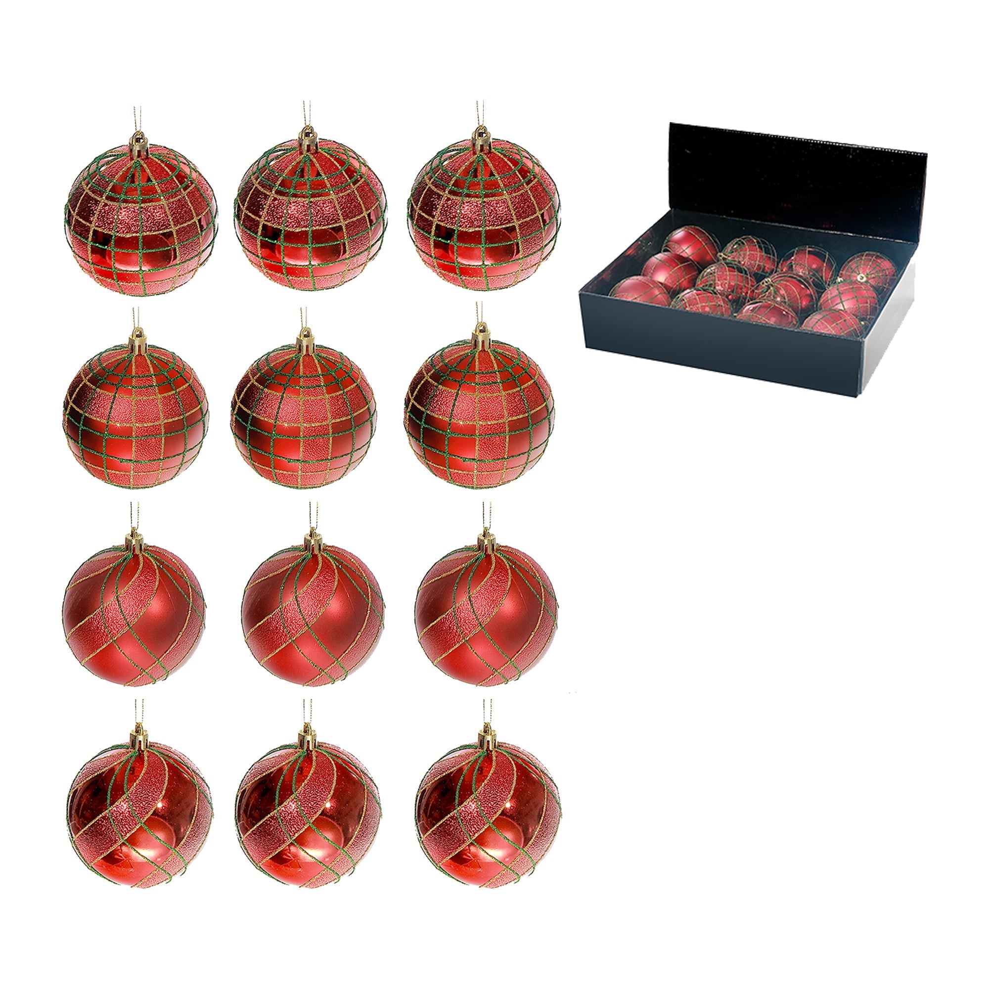 Red Line Pattern Christmas Ornaments, Holiday Tree Decorations, Festive Red Decorative Ornaments, Set of 12
