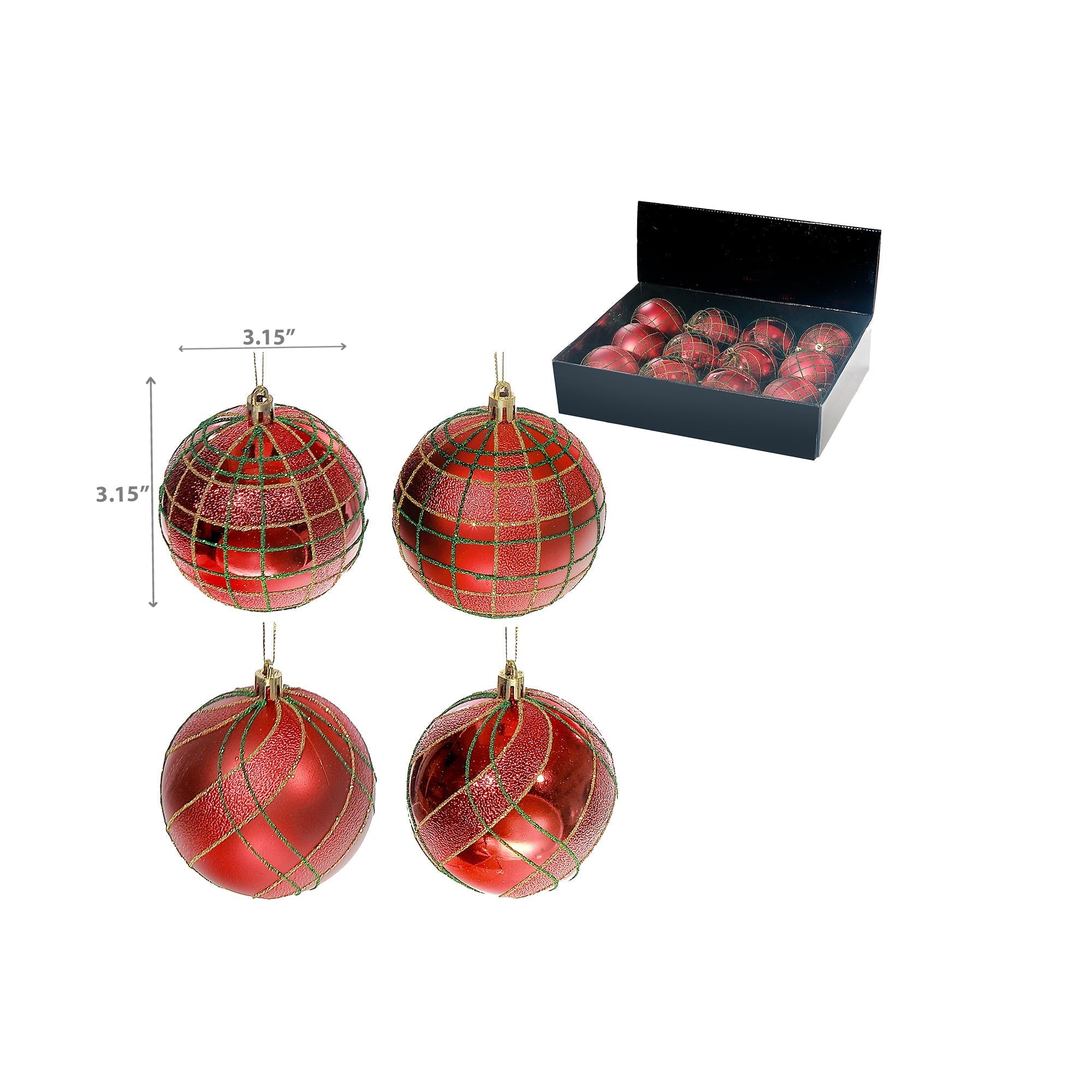 Red Line Pattern Christmas Ornaments, Holiday Tree Decorations, Festive Red Decorative Ornaments, Set of 12