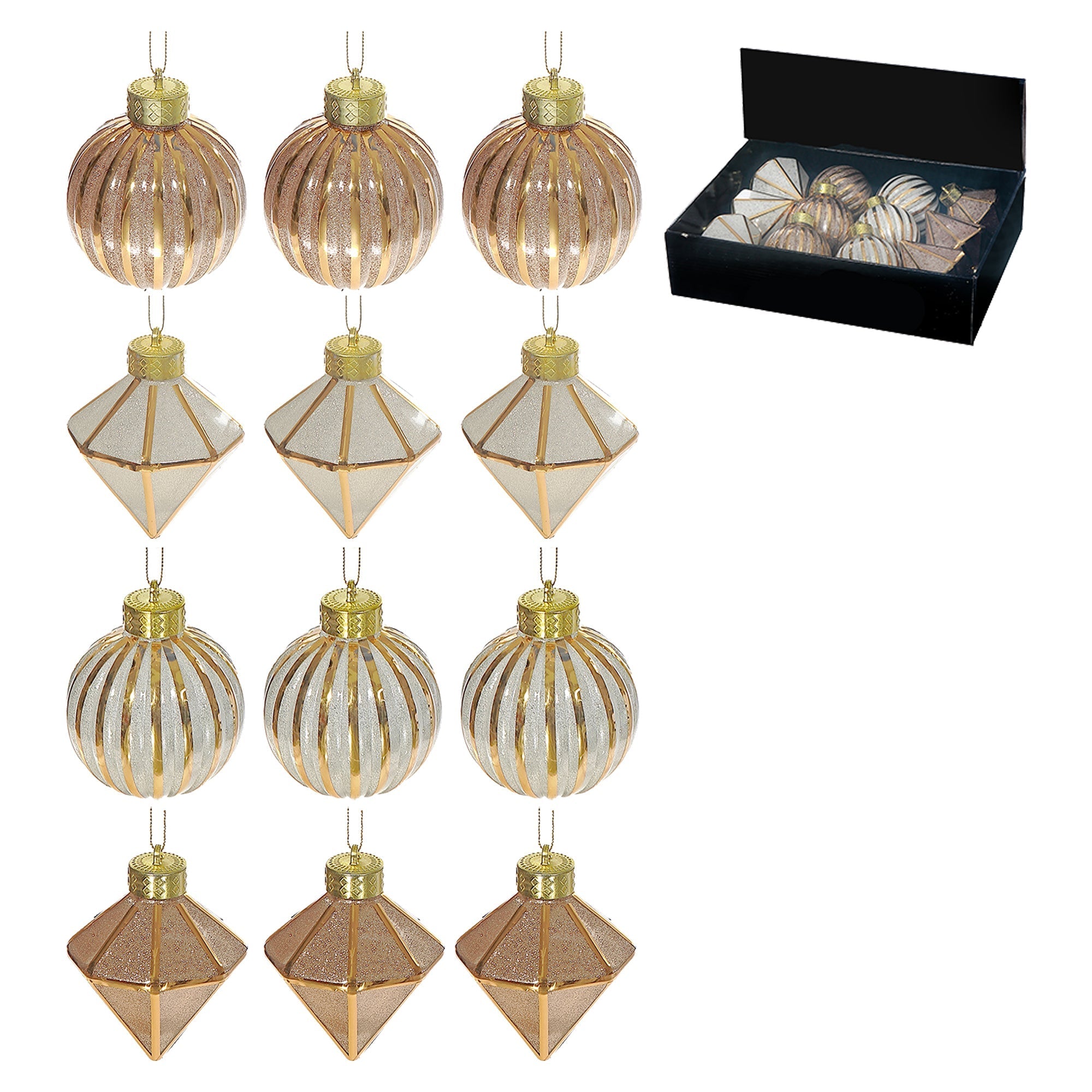 Glitter Diamond and Ball Christmas Ornaments, Sparkling Holiday Tree Decorations, Assorted Festive Ornaments, Set of 12