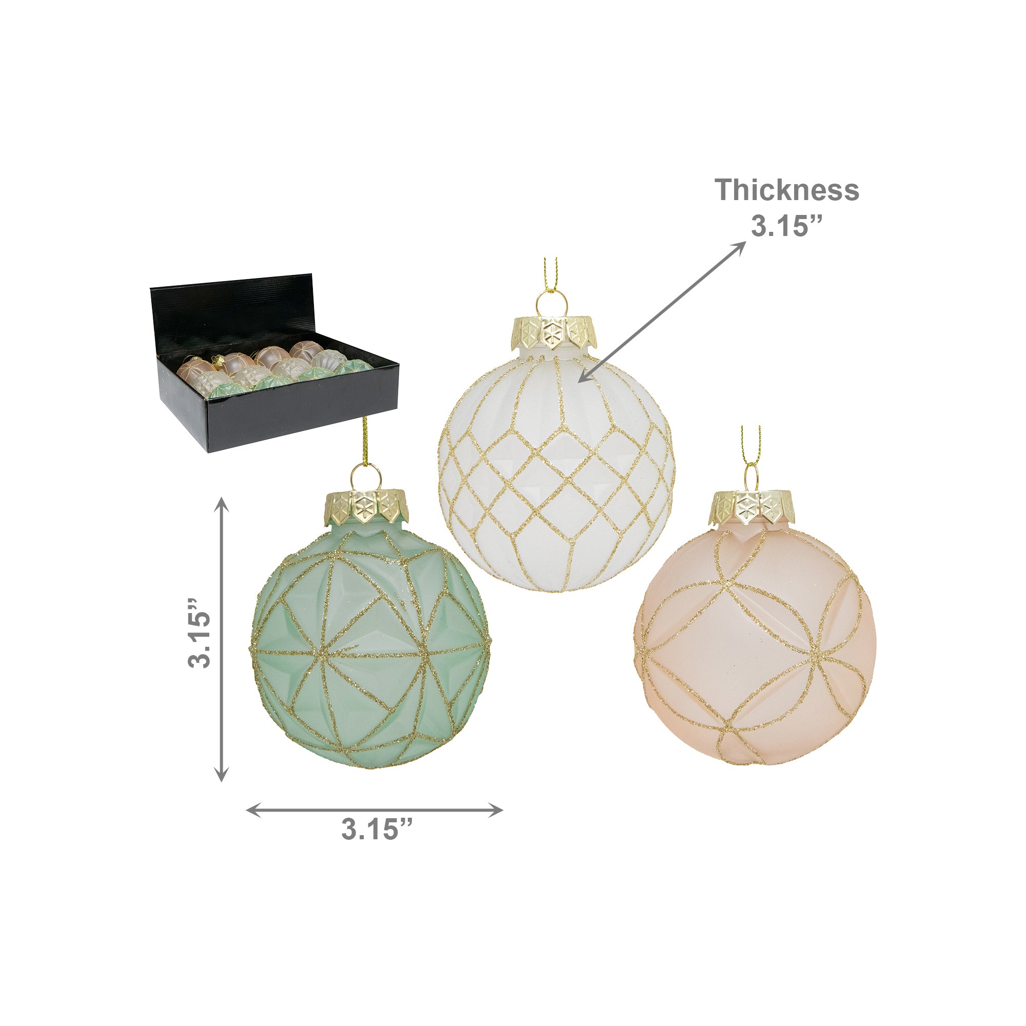 Geometric Glitter Ball Ornament Assorted, Ornament, Holiday Decor- Set of 12