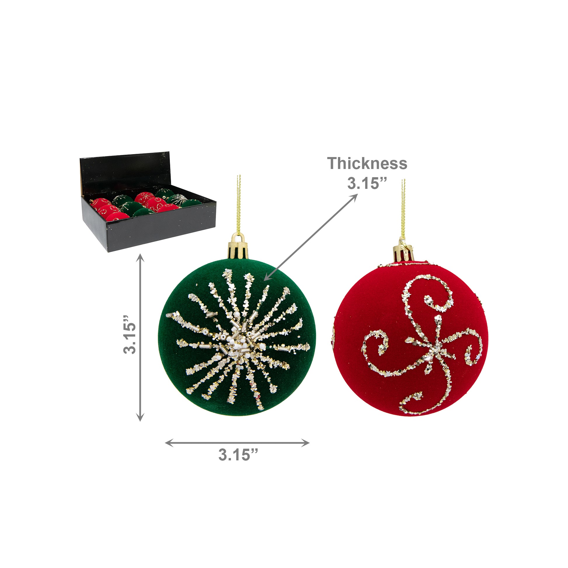 Velvet Ball Ornament with Glitter Accent Assorted, Ornament, Holiday Decor- Set of 12