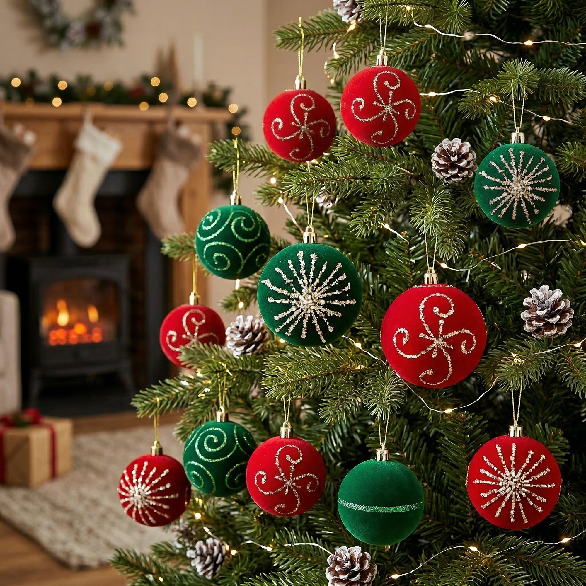Velvet Ball Ornament with Glitter Accent Assorted, Ornament, Holiday Decor- Set of 12