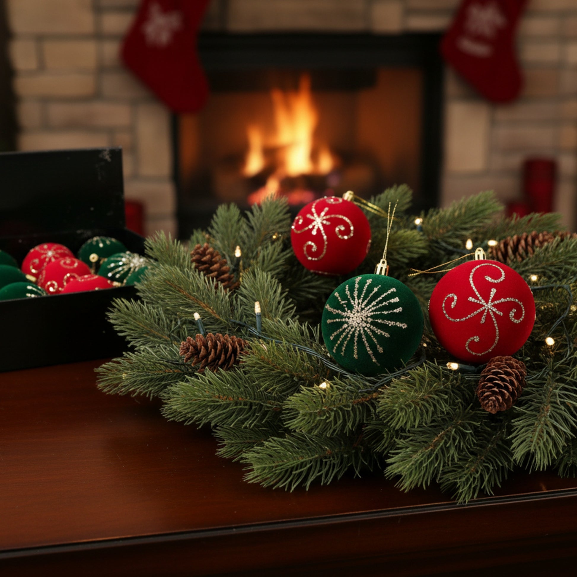 Velvet Ball Ornament with Glitter Accent Assorted, Ornament, Holiday Decor- Set of 12