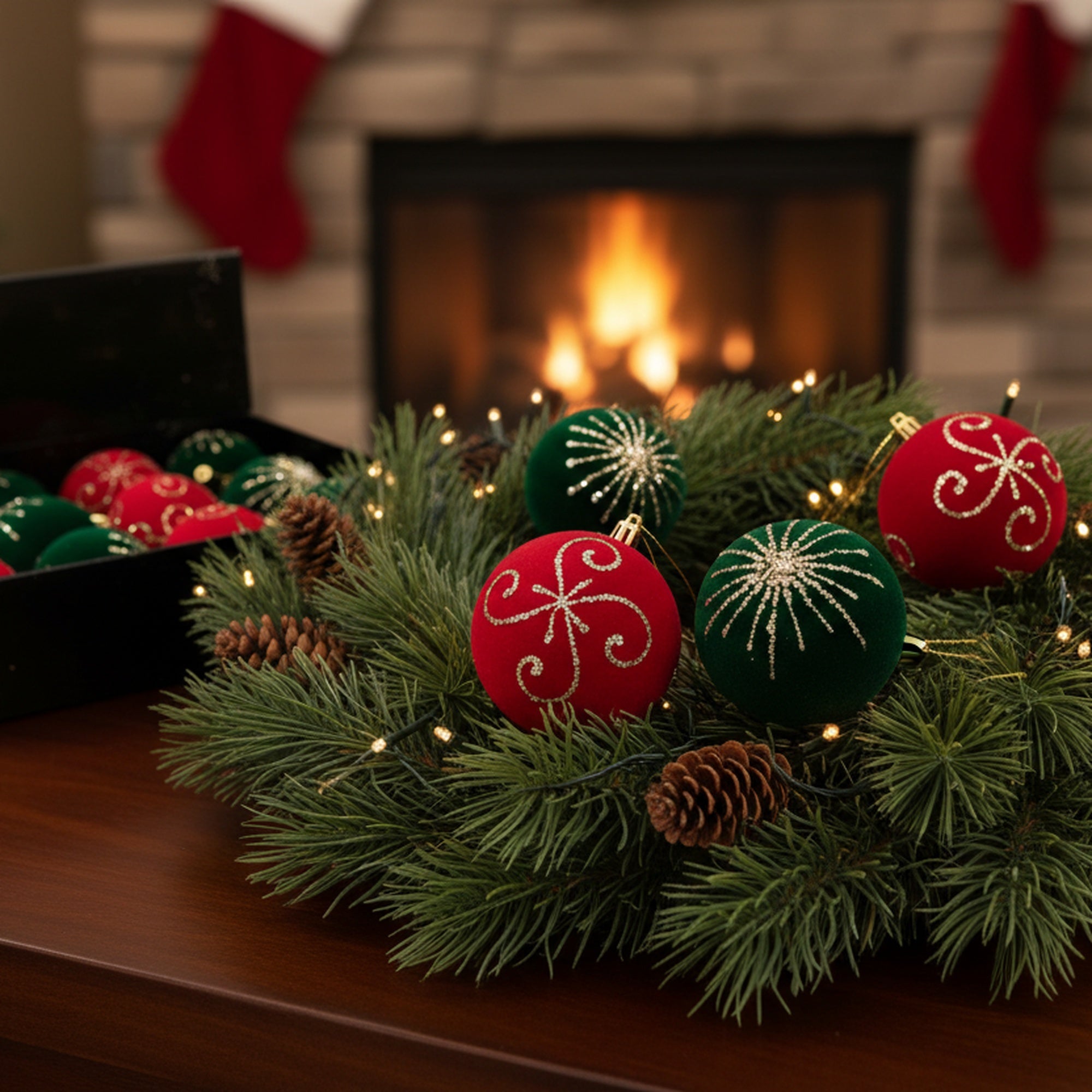 Velvet Ball Ornament with Glitter Accent Assorted, Ornament, Holiday Decor- Set of 12