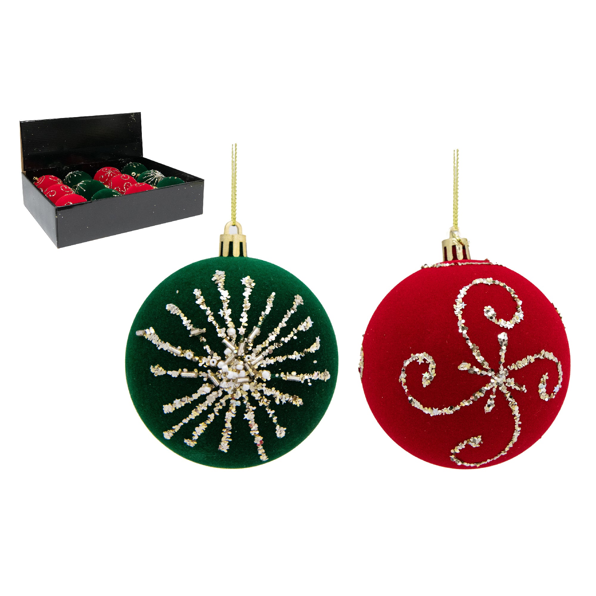 Velvet Ball Ornament with Glitter Accent Assorted, Ornament, Holiday Decor- Set of 12