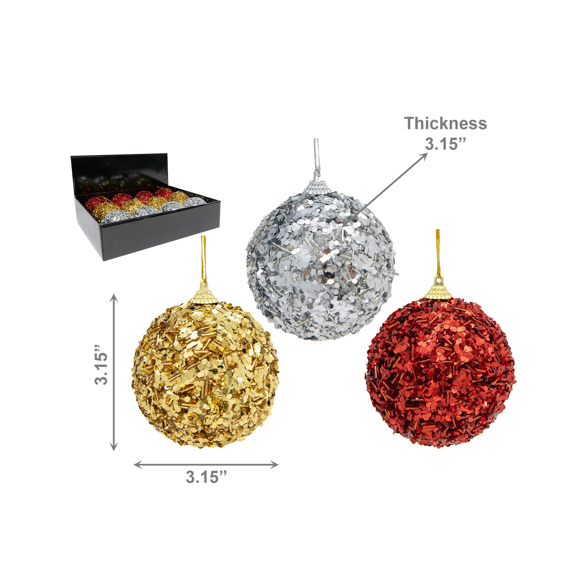 Sequin Glitter Ball Ornament Assorted, Ornament, Holiday Decor- Set of 12