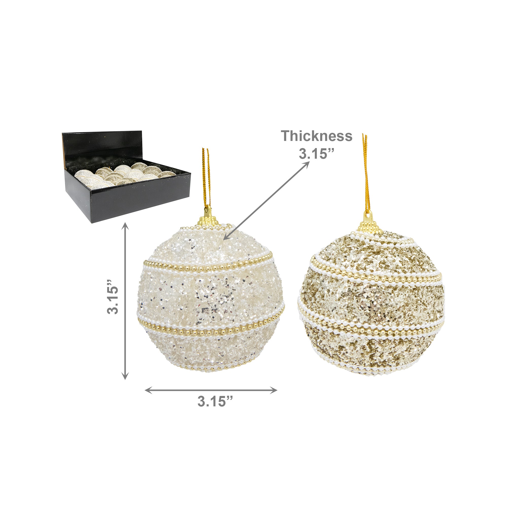 Beaded Glitter Ball Ornament Assorted, Ornament, Holiday Decor- Set of 12