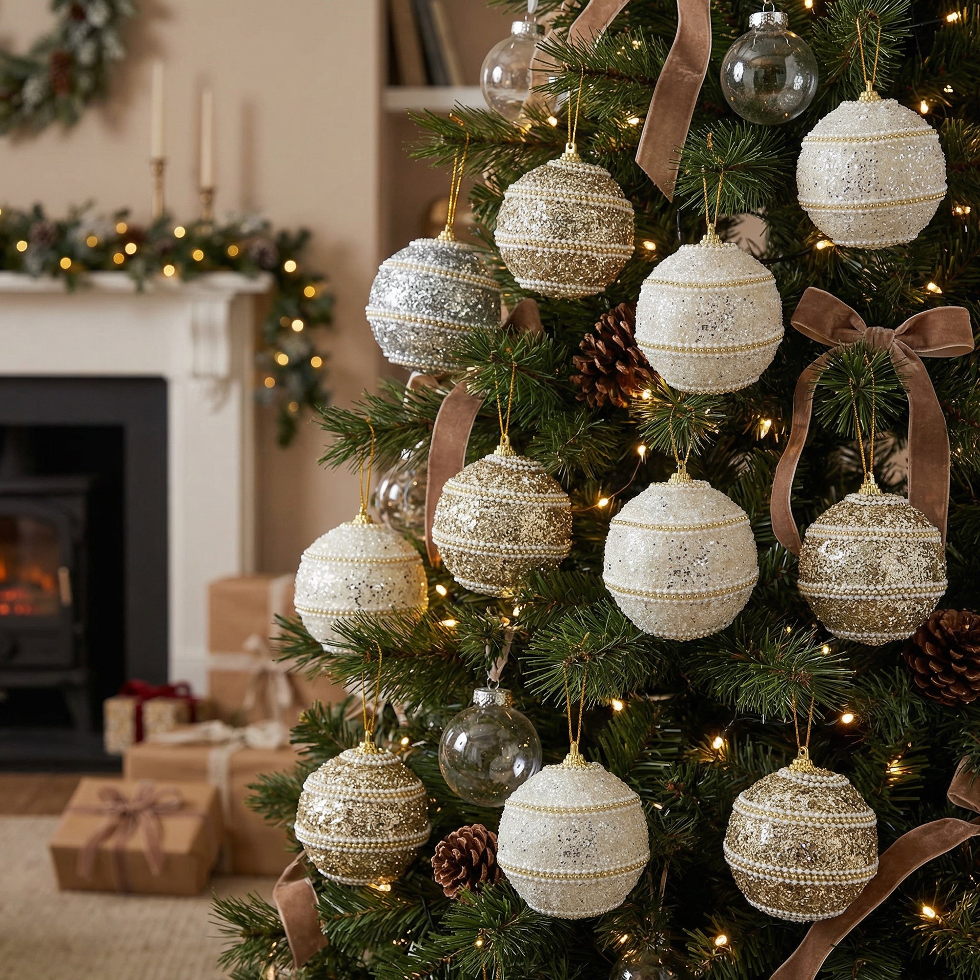 Beaded Glitter Ball Ornament Assorted, Ornament, Holiday Decor- Set of 12