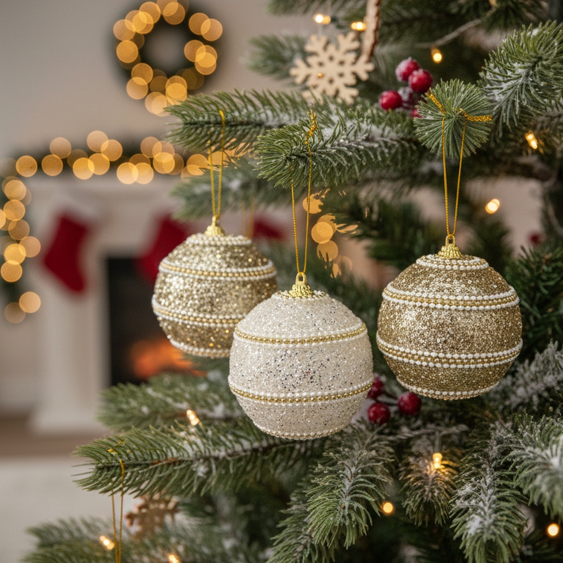 Beaded Glitter Ball Ornament Assorted, Ornament, Holiday Decor- Set of 12