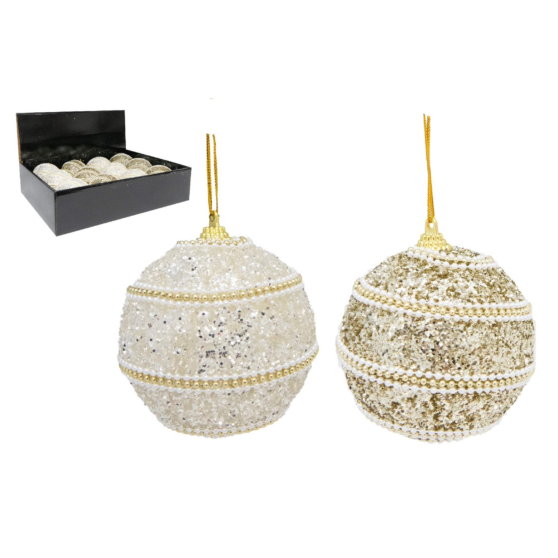 Beaded Glitter Ball Ornament Assorted, Ornament, Holiday Decor- Set of 12