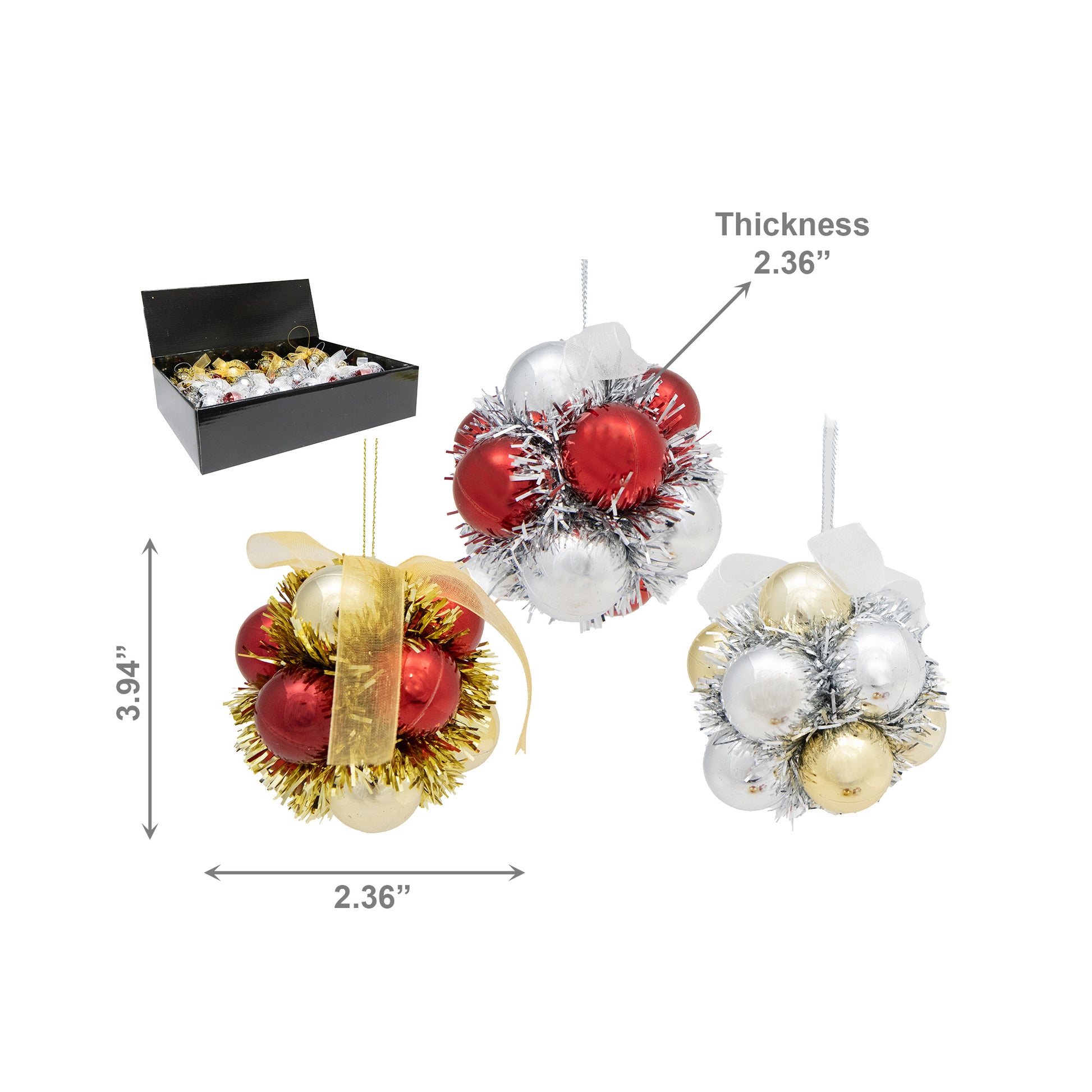 Metallic Tinsel Ornament Assorted, Ornament, Holiday Decor- Set of 12