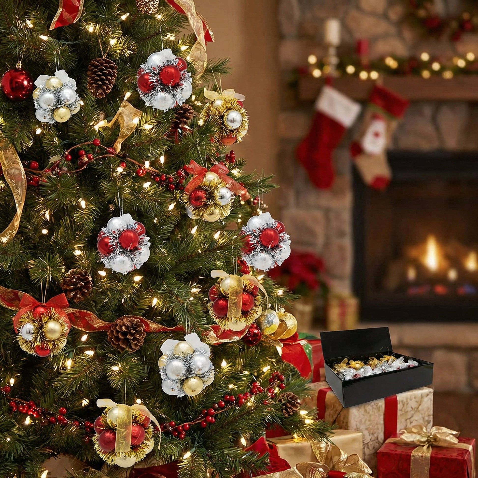Metallic Tinsel Ornament Assorted, Ornament, Holiday Decor- Set of 12
