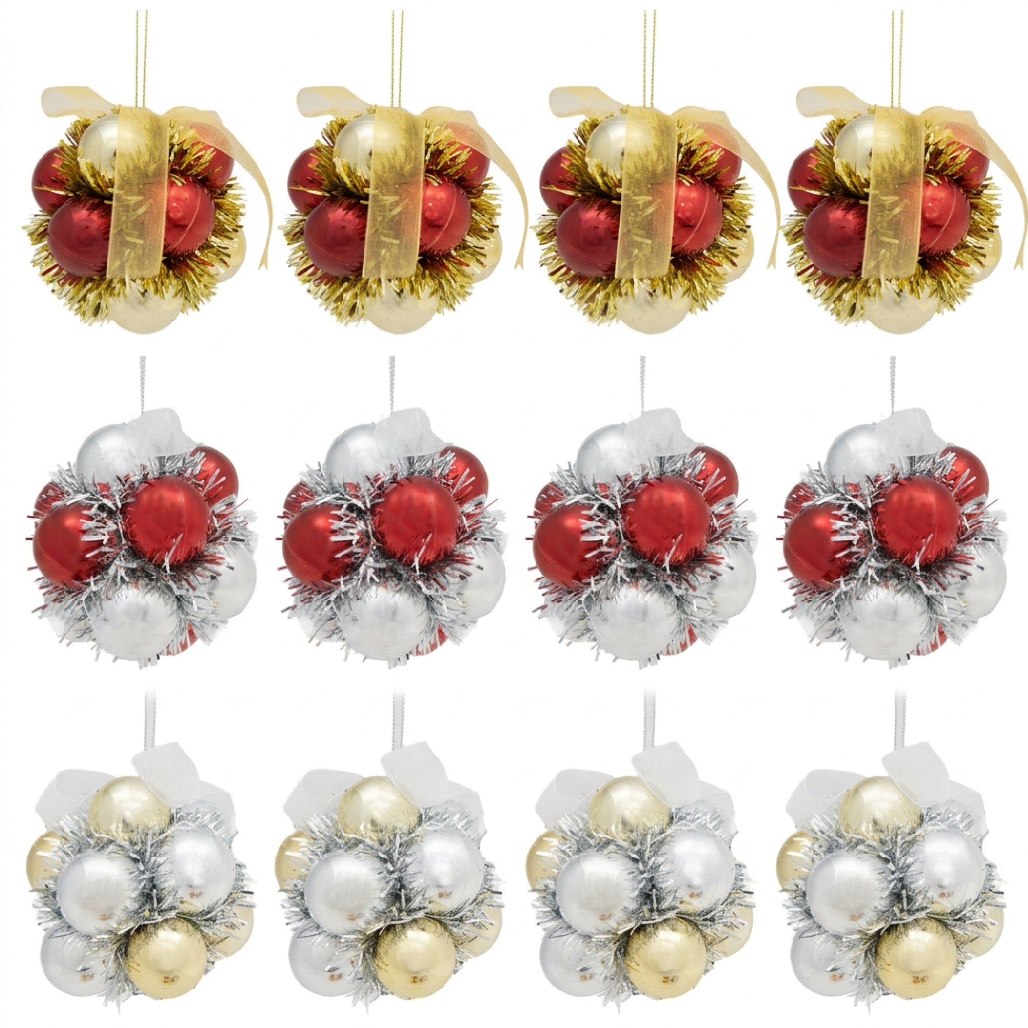Metallic Tinsel Ornament Assorted, Ornament, Holiday Decor- Set of 12