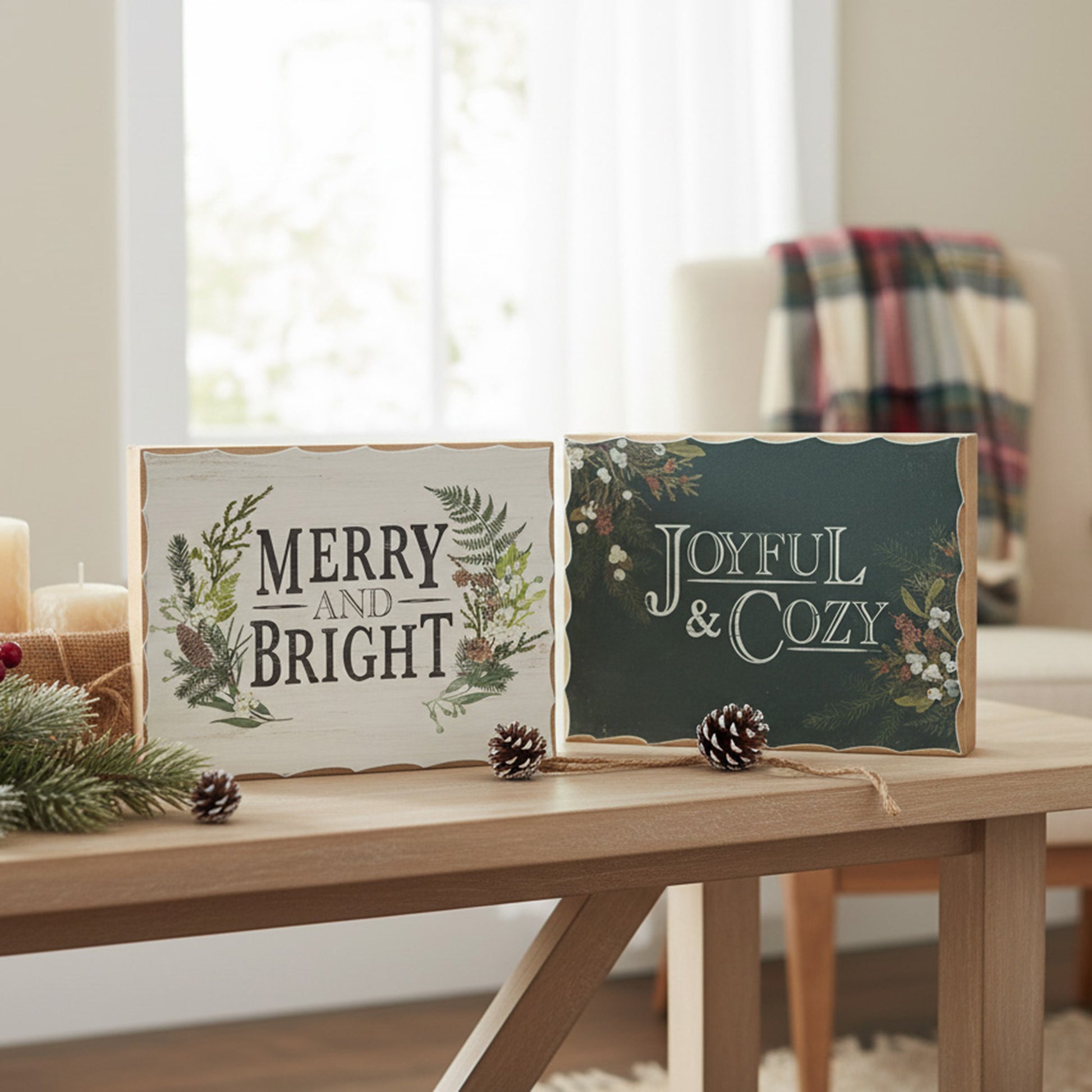 Wood Block Merry & Bright/Joyful & Cozy Assorted, Christmas, Tabletop Block, Holiday Decor- Set of 2