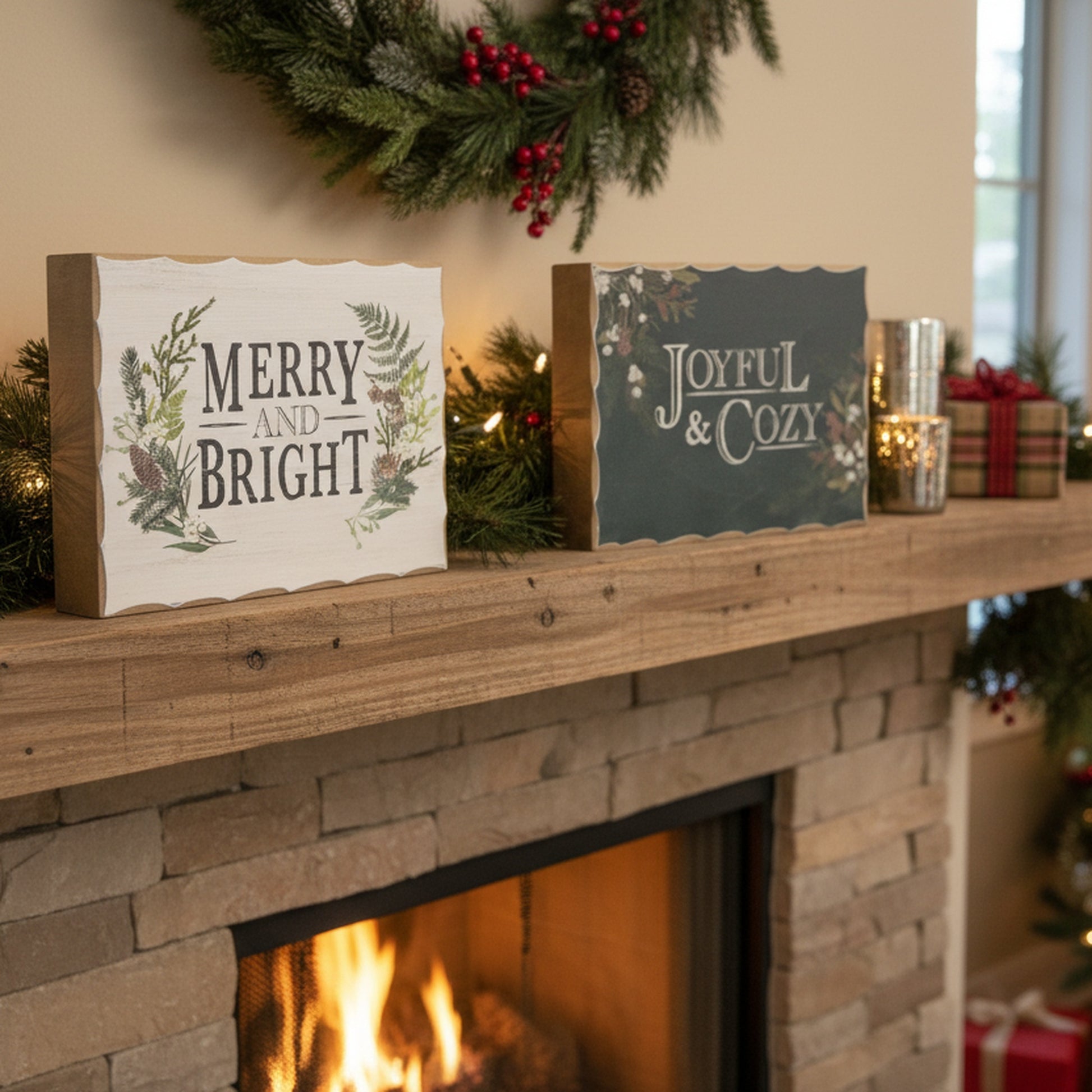 Wood Block Merry & Bright/Joyful & Cozy Assorted, Christmas, Tabletop Block, Holiday Decor- Set of 2